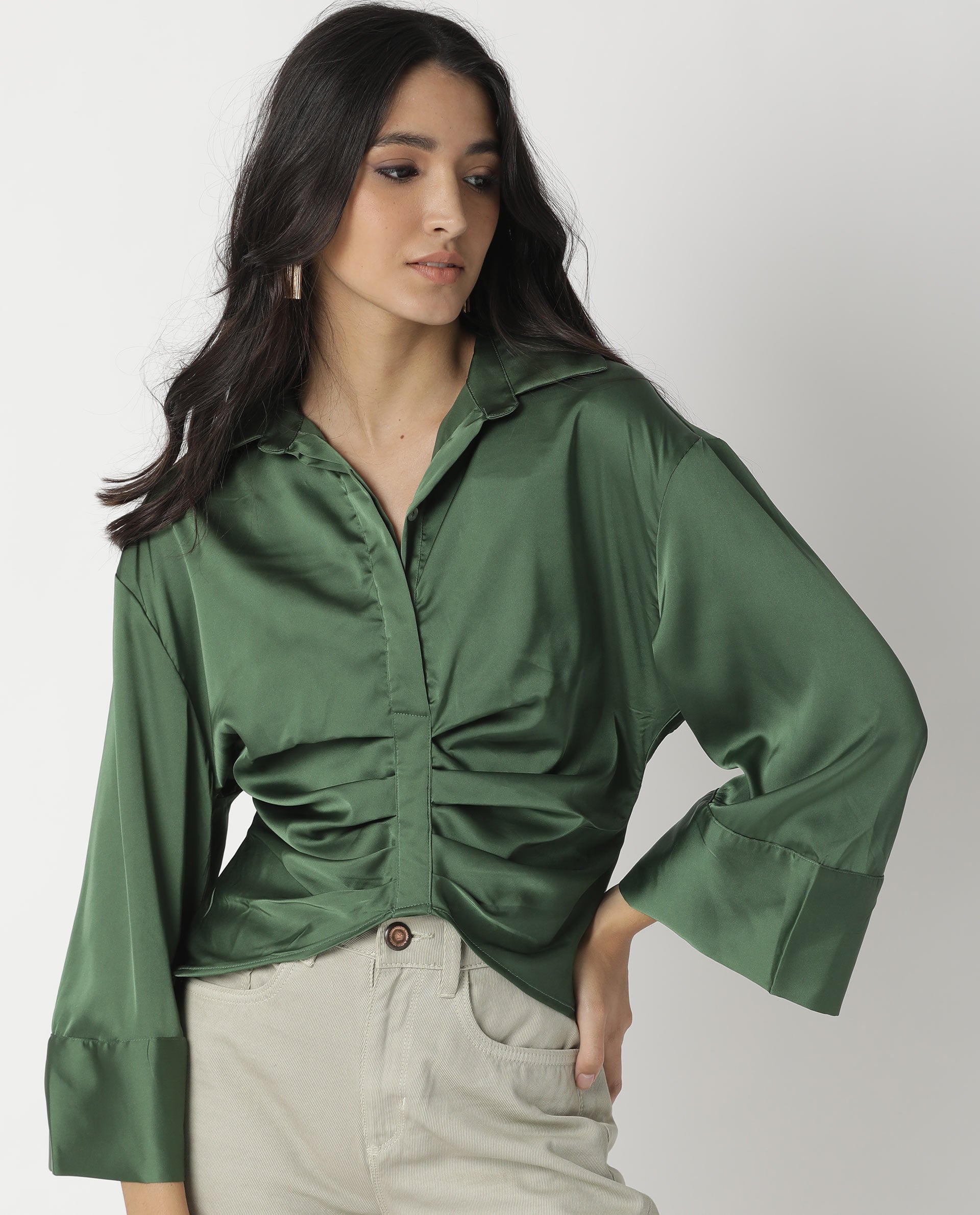 Rareism Womens Zomat Green Top Modal Fabric Regular Fit Bell Sleeves Collared Neck