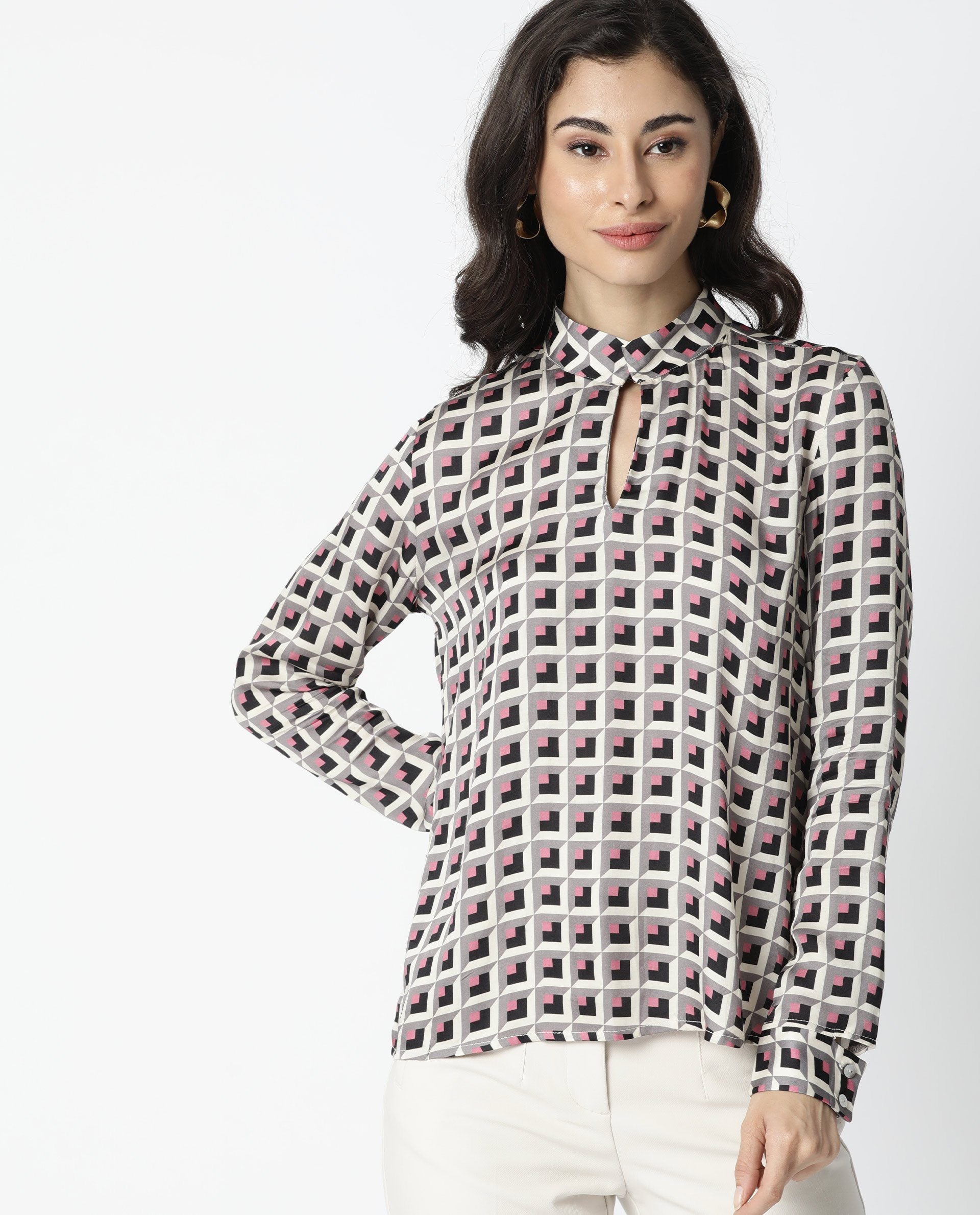 Rareism Women Appar Off White  Tailored Fit Mandarin Collar Full Sleeves Geometric Print Top