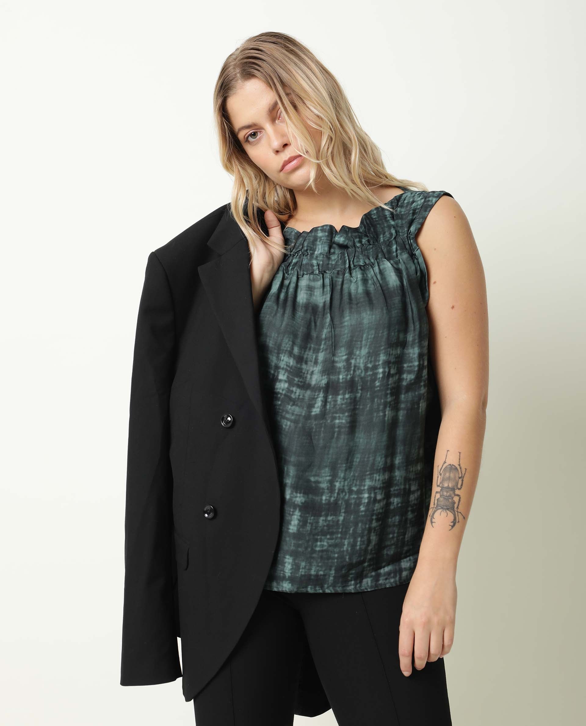 Rareism Women Chiat Green Modal Fabric Relaxed Fit Boat Neck Sleeveless Ombre Top