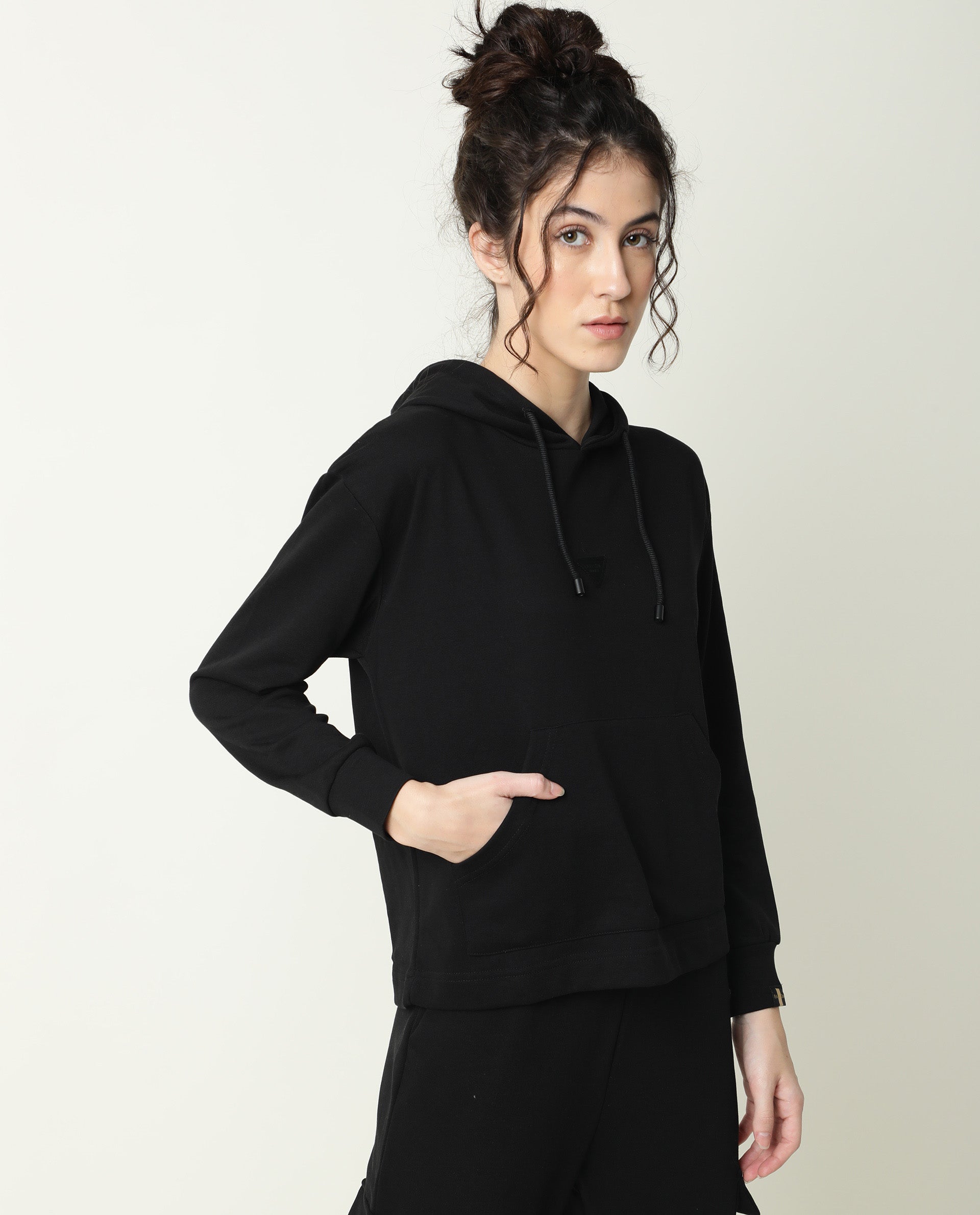 Rareism Women Wally-1 Black Cotton Poly Fabric Relaxed Fit Full Sleeves Solid Hooded Sweatshirt