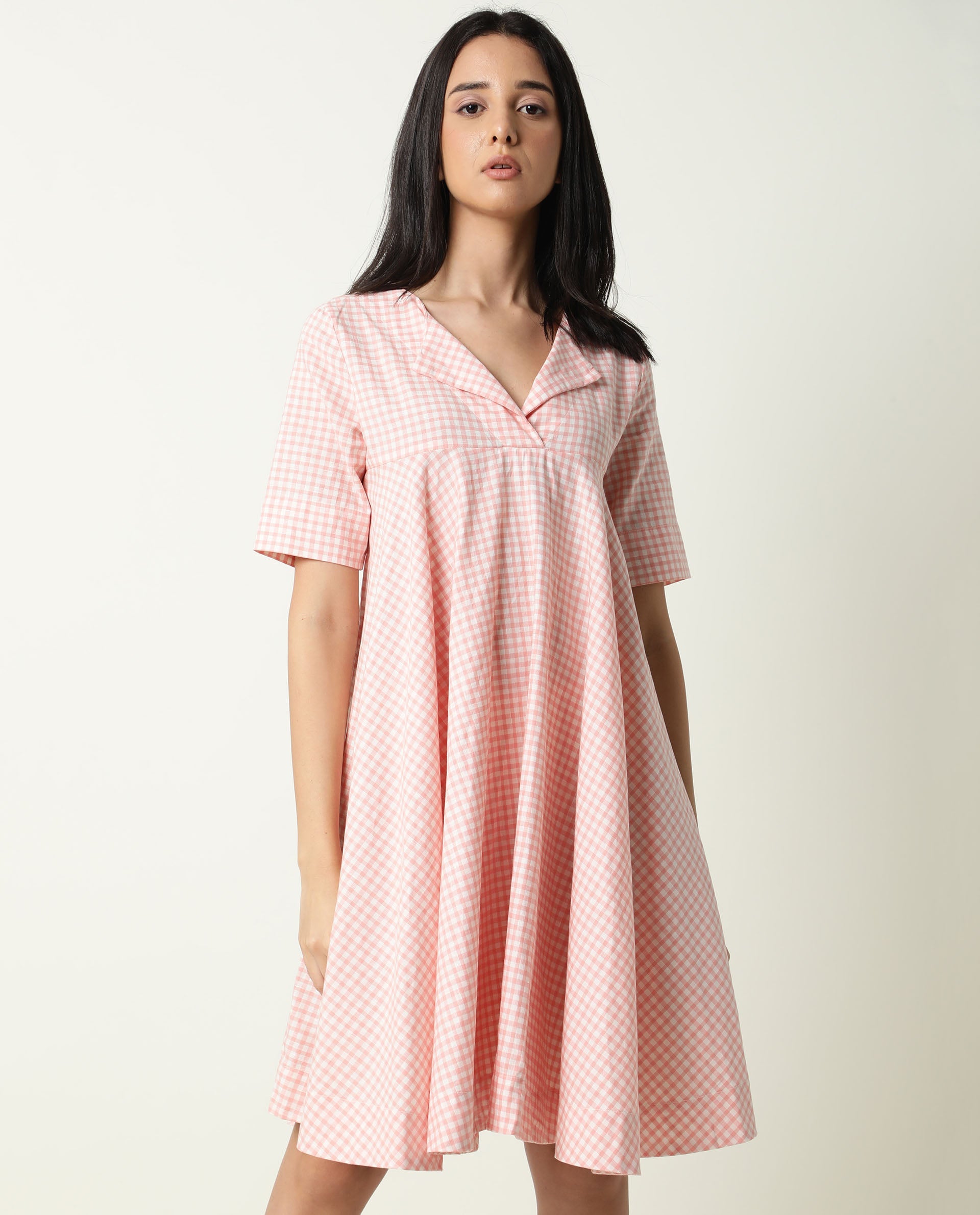 Rareism Women Paris Yellow Gingham Checks Overlap Lapel Collar Half Sleeves Mini Dress