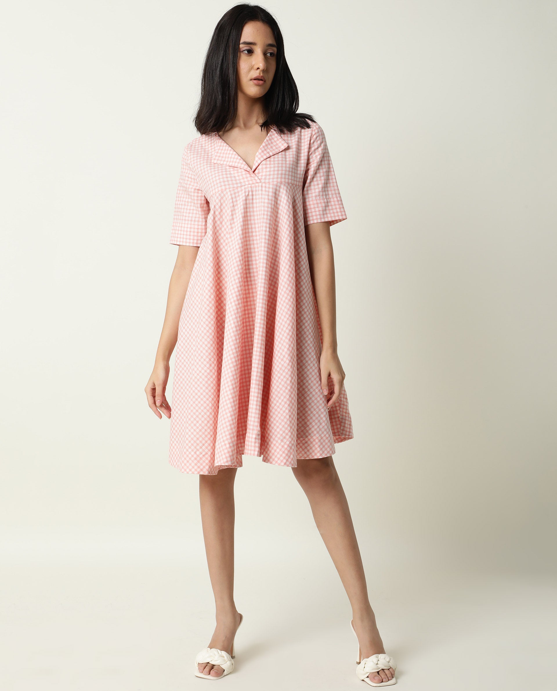 Rareism Women Paris Yellow Gingham Checks Overlap Lapel Collar Half Sleeves Mini Dress