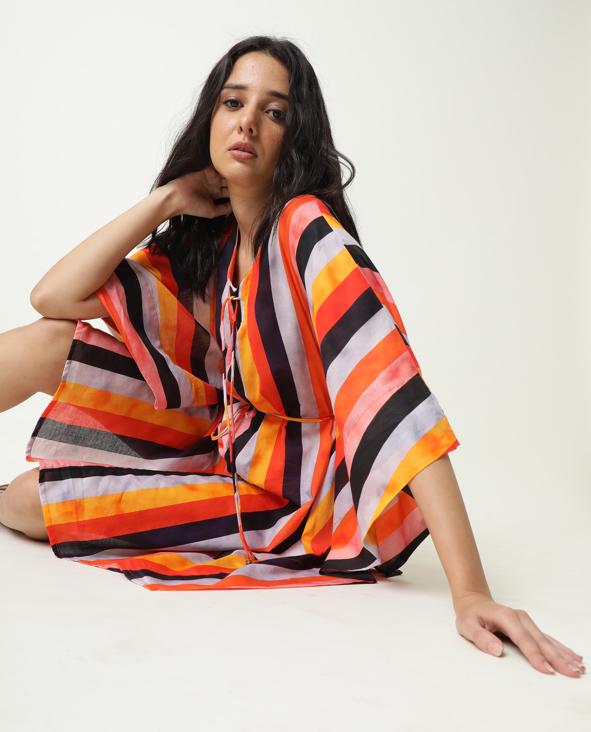 Rareism Women Fact Multi Abstract V Neck Tie Up At Neck And Waist Kaftan Knee Length Dress