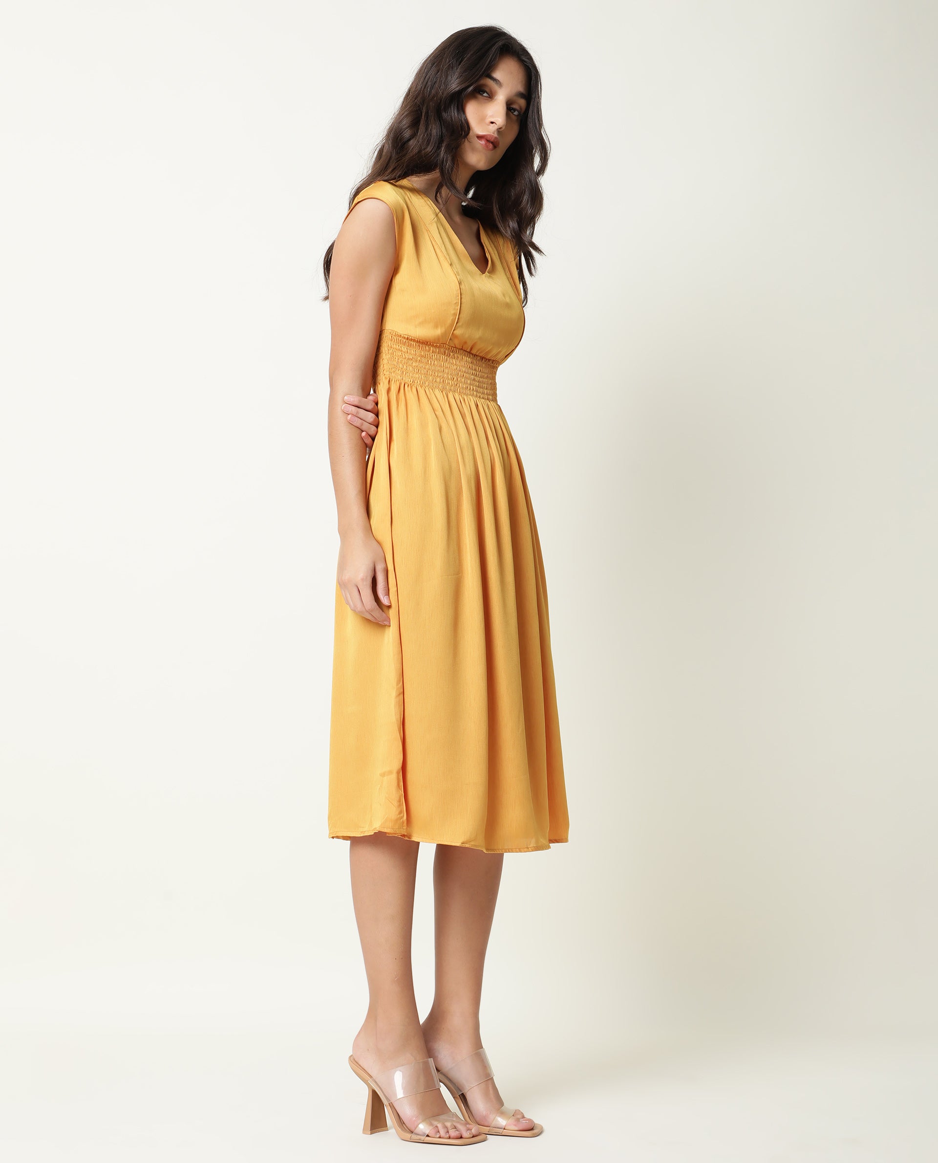 Rareism Women Milux Mustard V Neck Calf Sleeves Smocked Elastic Waist Belt Knee Length Dress