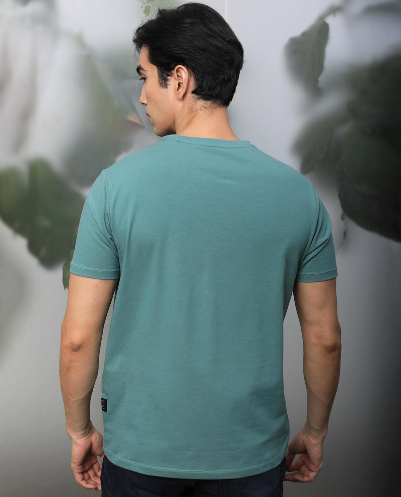 Rare Rabbit Men's Macc Dusky Green Crew Neck Botanical Printed Half Sleeves Slim Fit T-Shirt