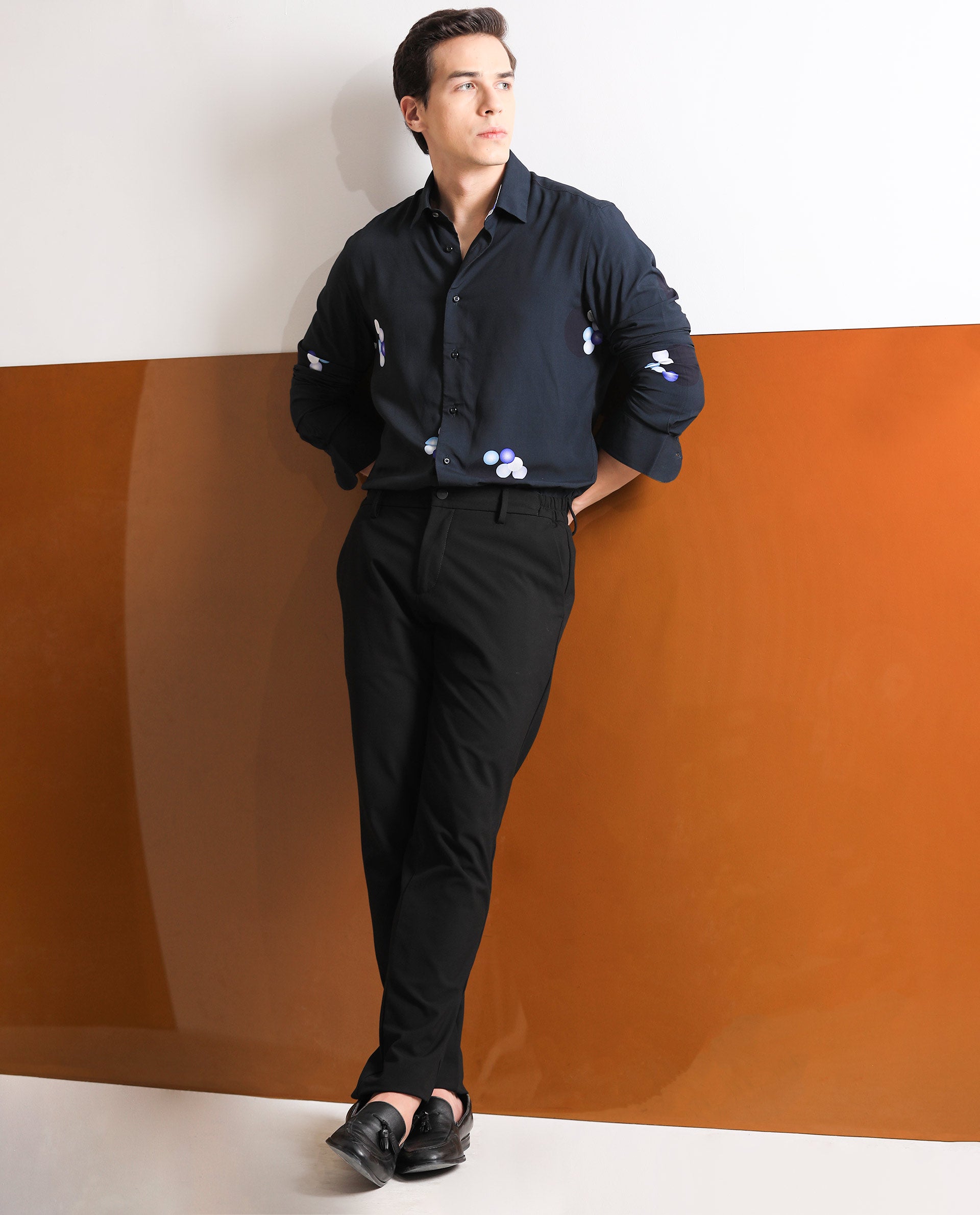 Rare Rabbit Men's Amber Dark Petrol Viscose Fabric Abstract Print Full Sleeves Shirt