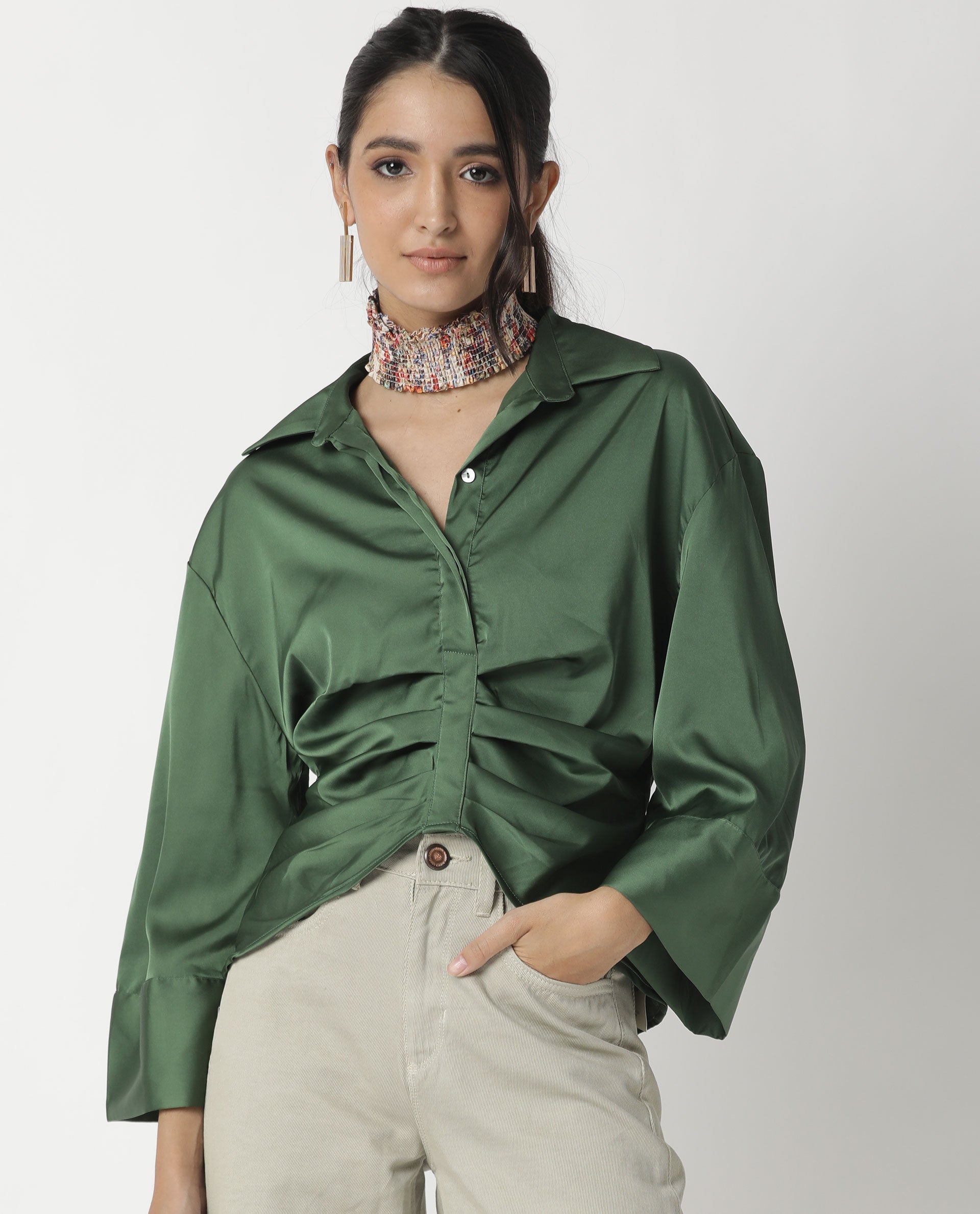 Rareism Womens Zomat Green Top Modal Fabric Regular Fit Bell Sleeves Collared Neck
