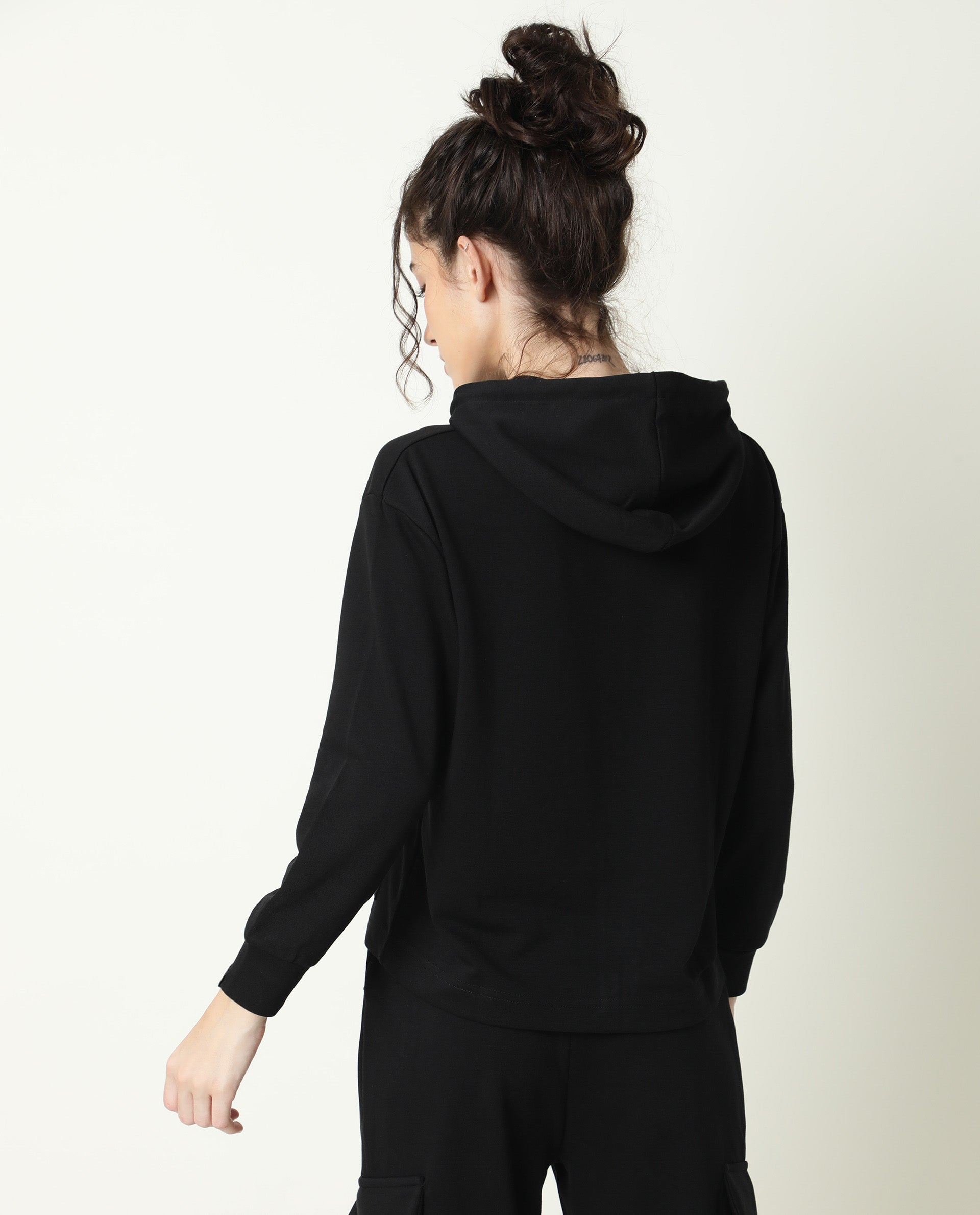 Rareism Women Wally-1 Black Cotton Poly Fabric Relaxed Fit Full Sleeves Solid Hooded Sweatshirt