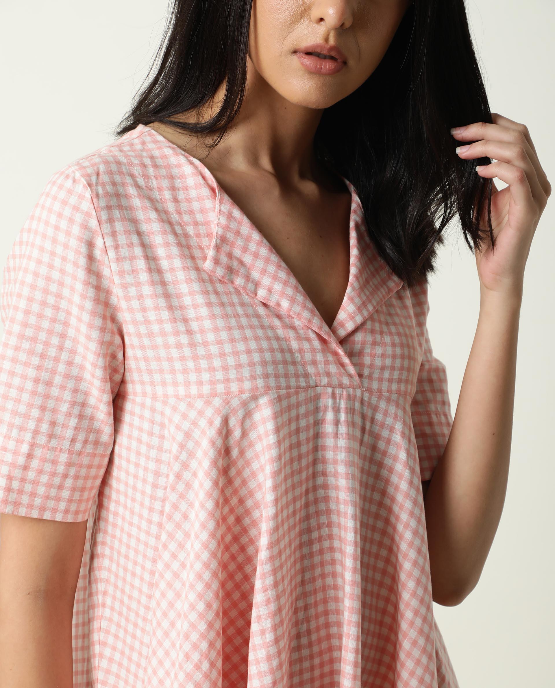 Rareism Women Paris Yellow Gingham Checks Overlap Lapel Collar Half Sleeves Mini Dress