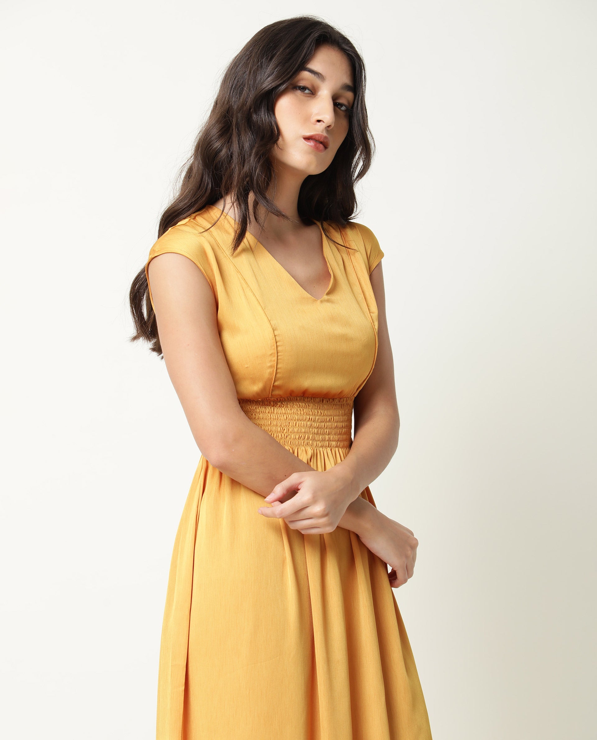 Rareism Women Milux Mustard V Neck Calf Sleeves Smocked Elastic Waist Belt Knee Length Dress