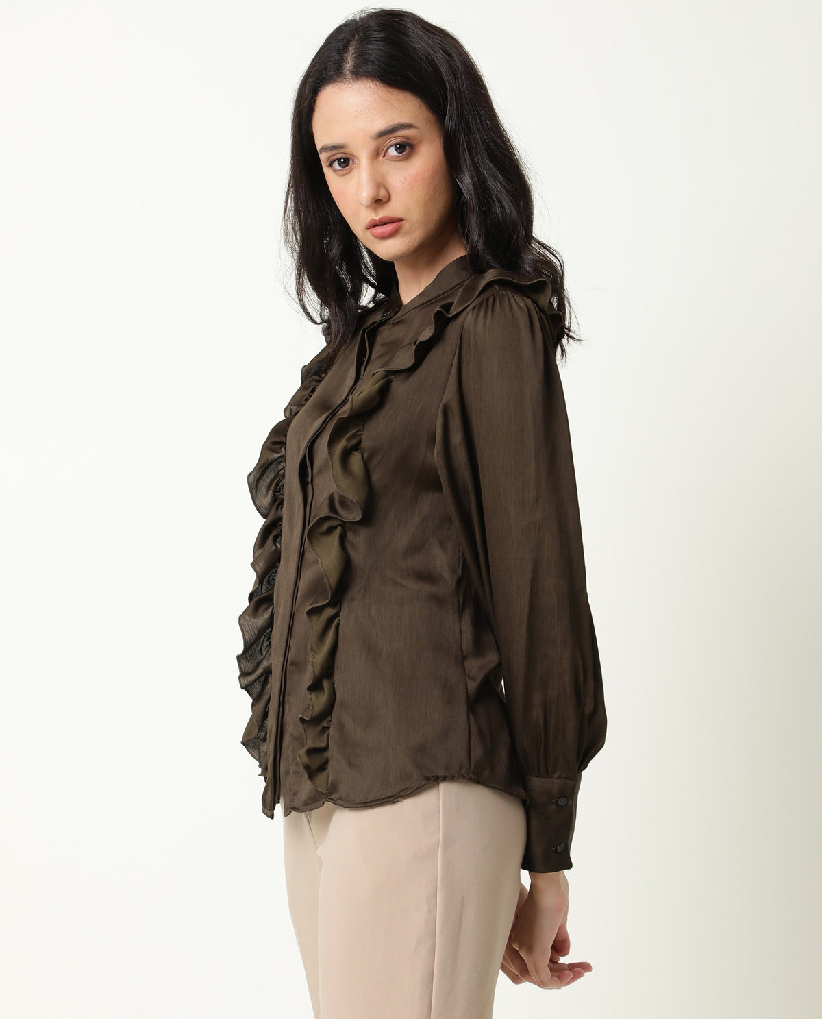 Rareism Womens Chamomile Olive Top Polyester Fabric  Fit Regular Sleeves Mandarin Neck