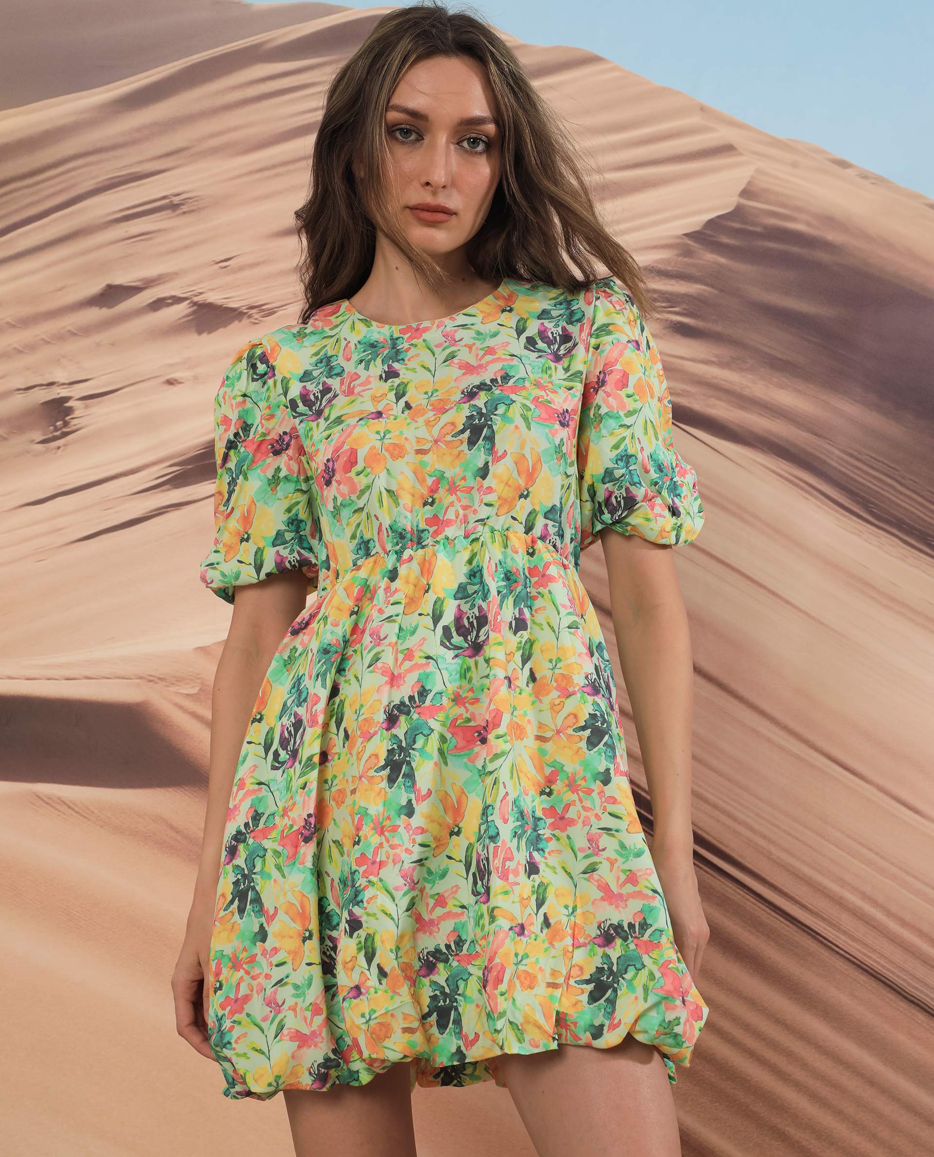 Rareism Women Erasea Multi Viscose Fabric Short Sleeves Round Neck Balloon Sleeve Relaxed Fit Floral Print Knee Length Dress