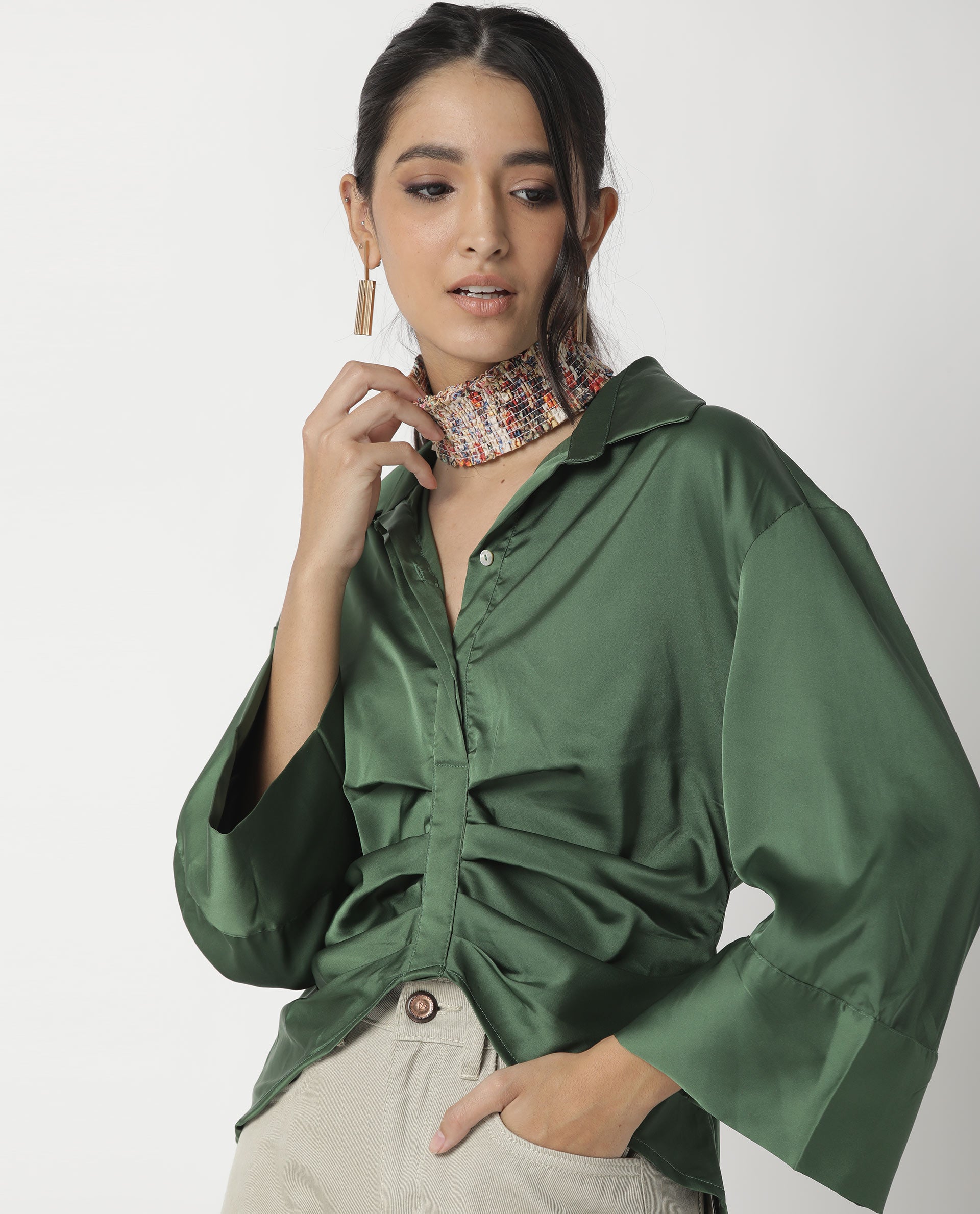 Rareism Womens Zomat Green Top Modal Fabric Regular Fit Bell Sleeves Collared Neck