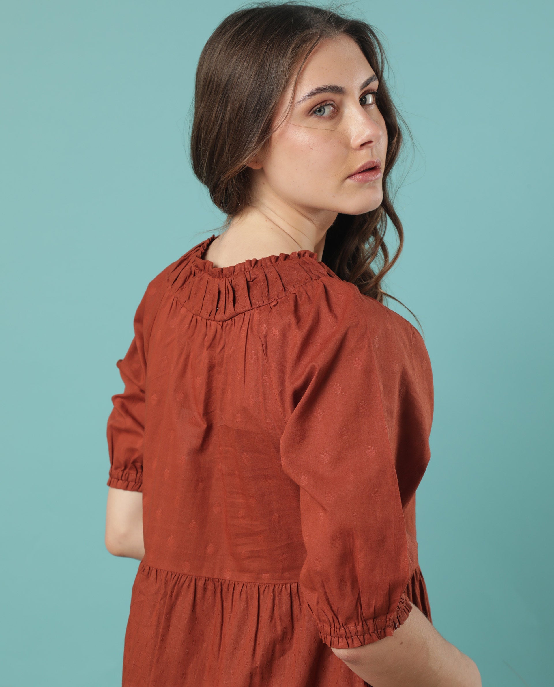 Rareism Women Myle Brown Gathered Neck With Front Tie Up Puff Sleeves And Pockets Tiered Maxi Dress