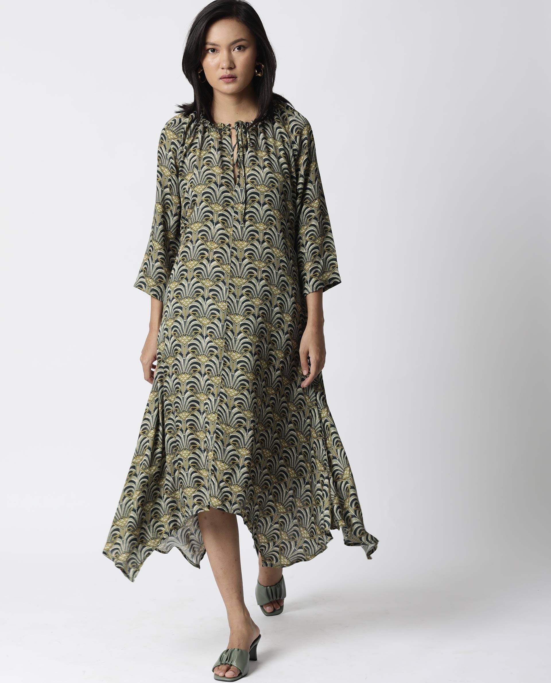 Rareism Women Shlok Green Dress Short Sleeves Printed