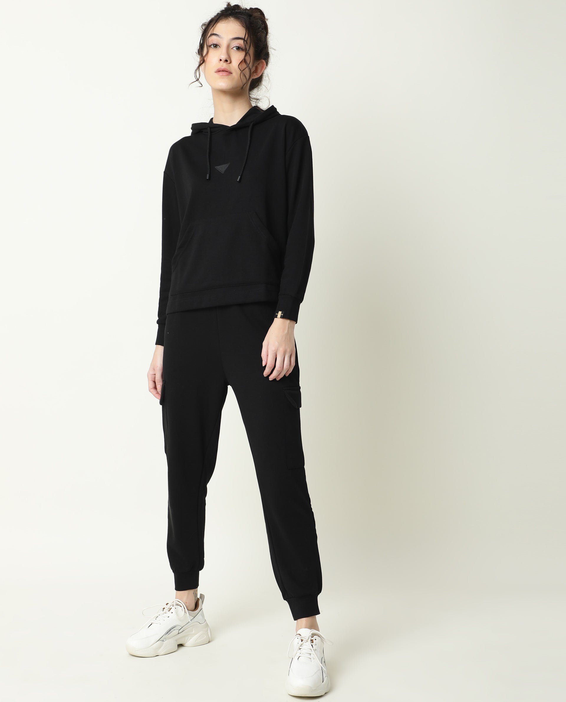 Rareism Women Wally-1 Black Cotton Poly Fabric Relaxed Fit Full Sleeves Solid Hooded Sweatshirt