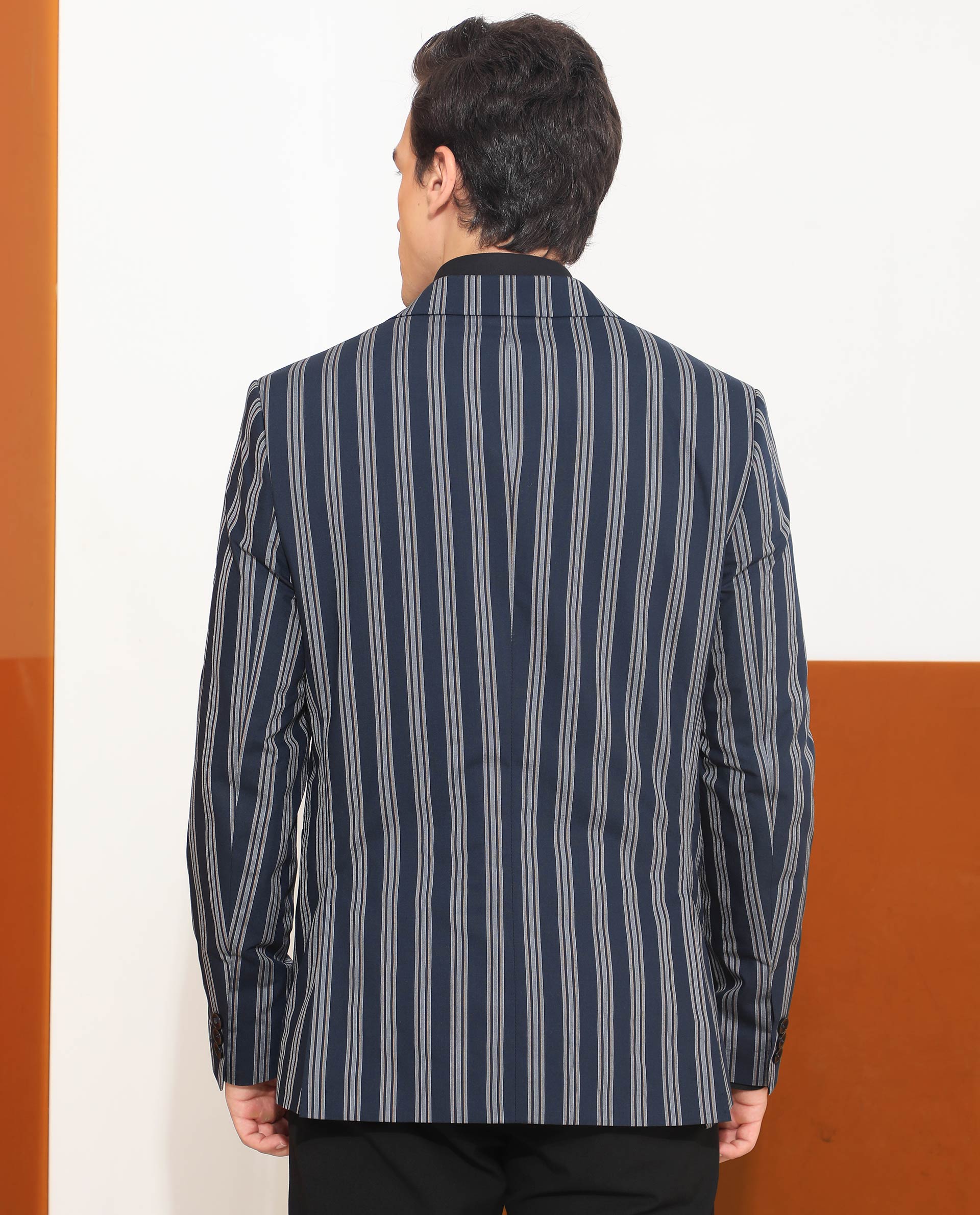 Rare Rabbit Men's Kano Navy Cotton Fabric Notch Lapel Single Breasted Tailored Fit Stripe Blazer