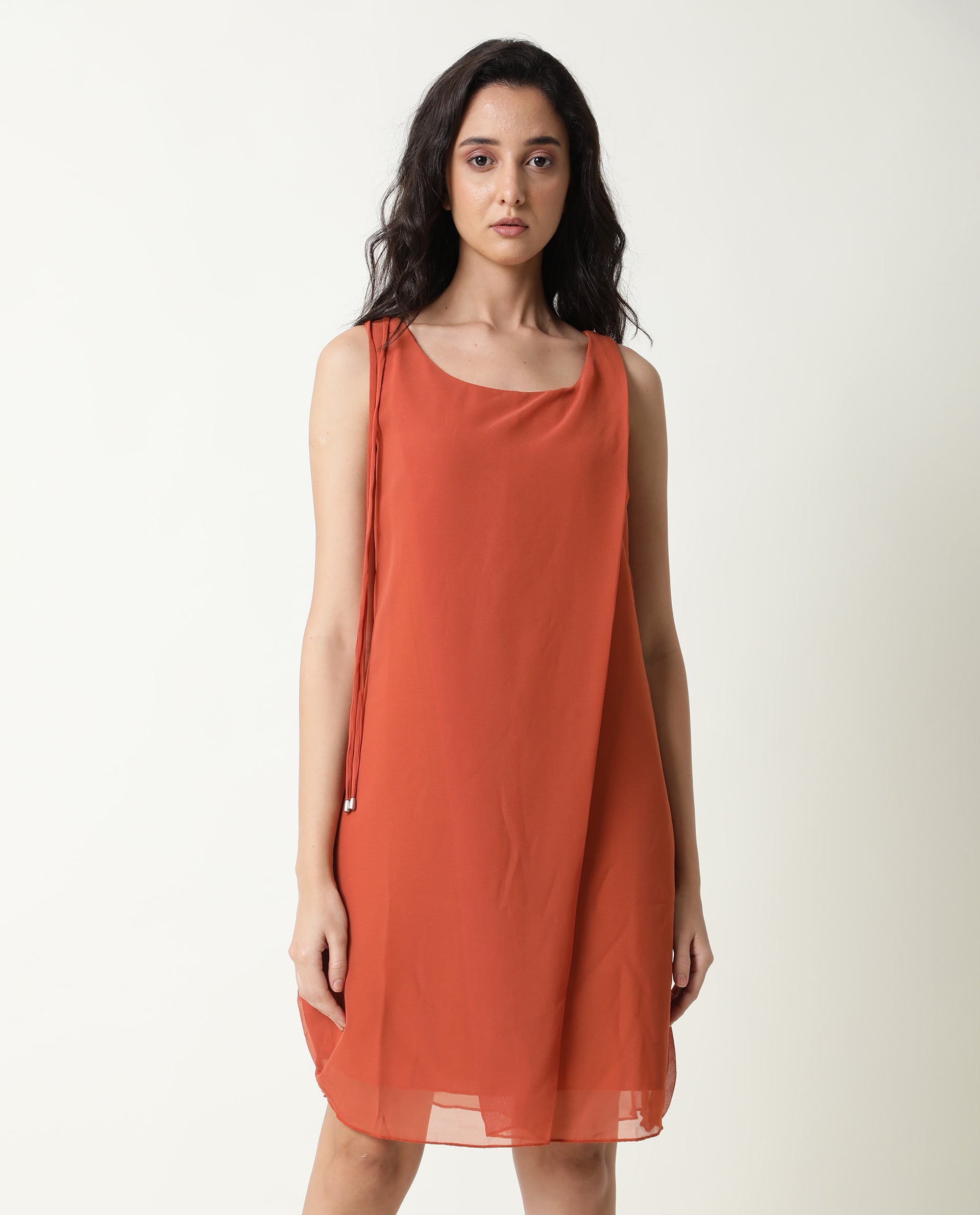 Rareism Women Saabo Dark Rust Boat Neck Sleeveless Side Zip Closure Knee Length Dress