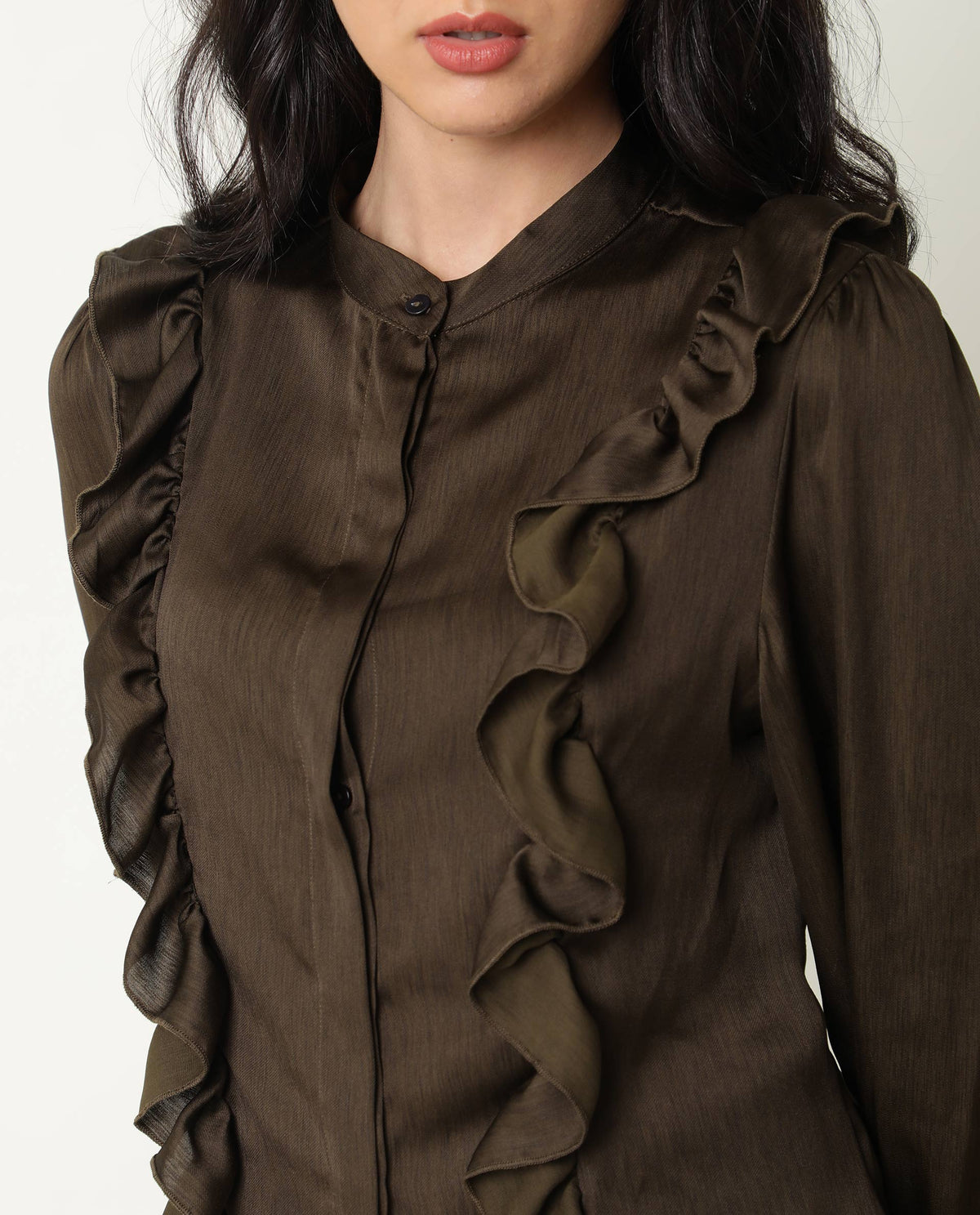 Rareism Womens Chamomile Olive Top Polyester Fabric  Fit Regular Sleeves Mandarin Neck