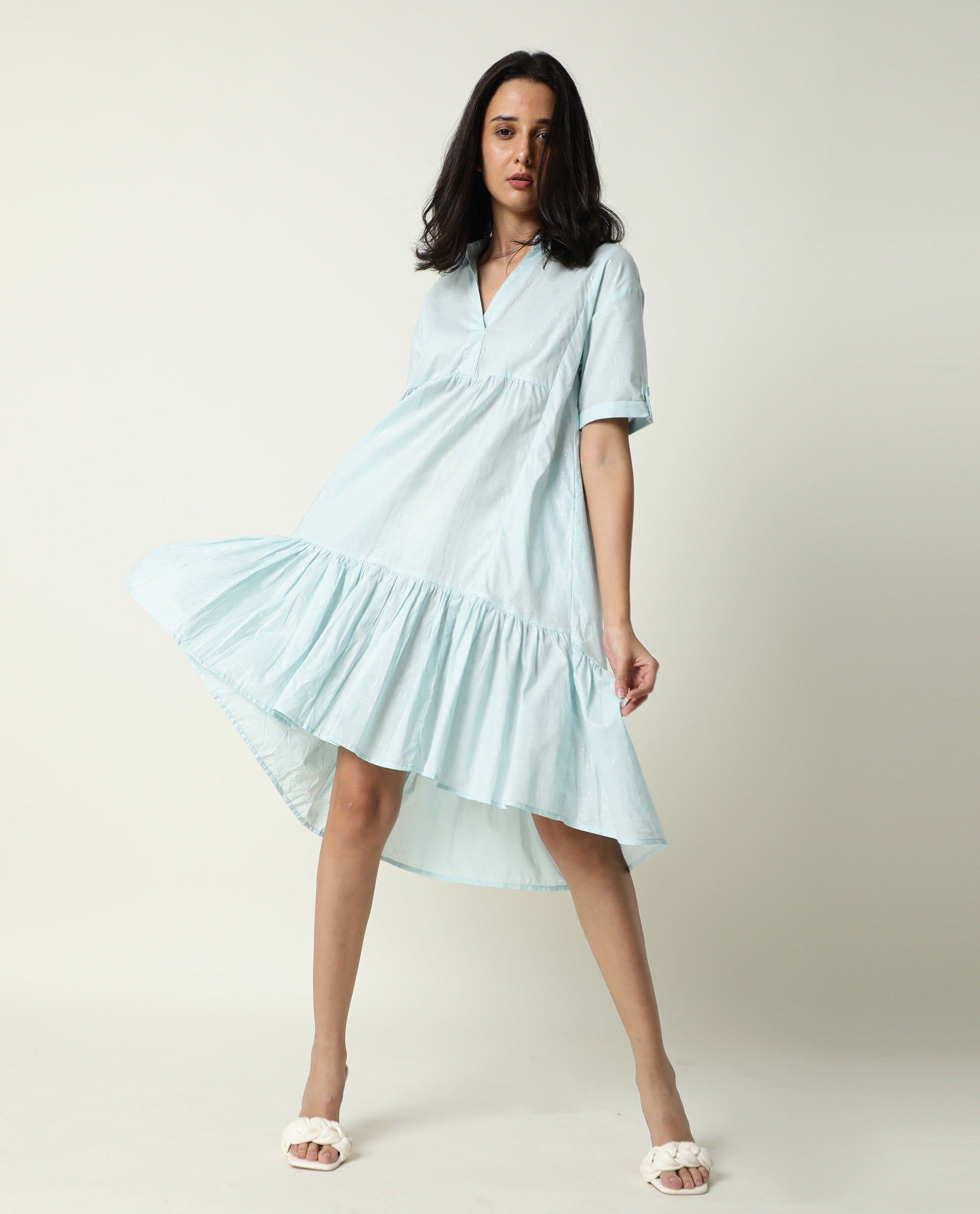 Rareism Women Loaf Light Turq Collared Neck Short Sleeves With Pocket Tiered Knee Length Dress