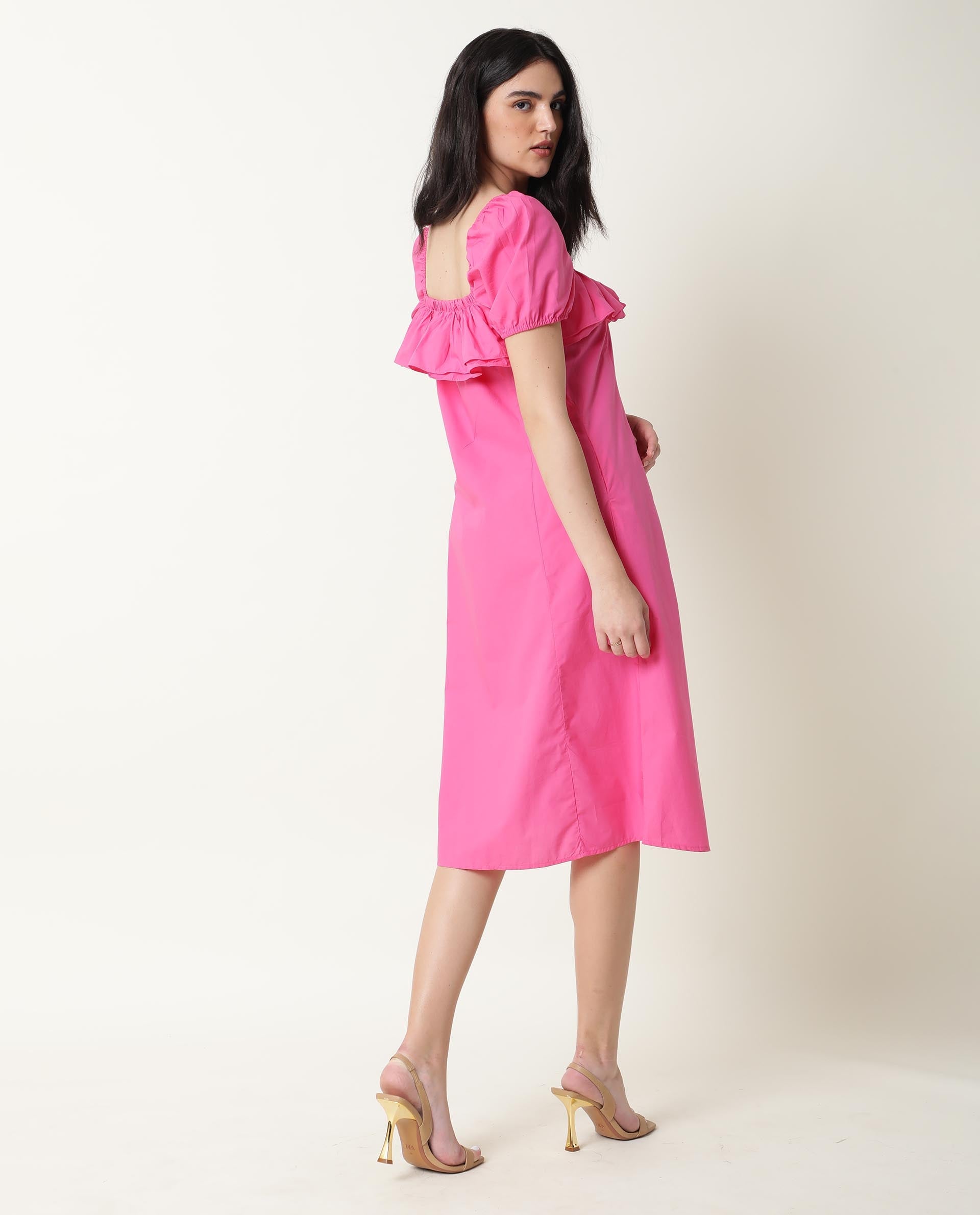 Rareism Women Varsi Pink Square Neck Puff Sleeves Ruffle At The Neck With Pockets Midi Dress