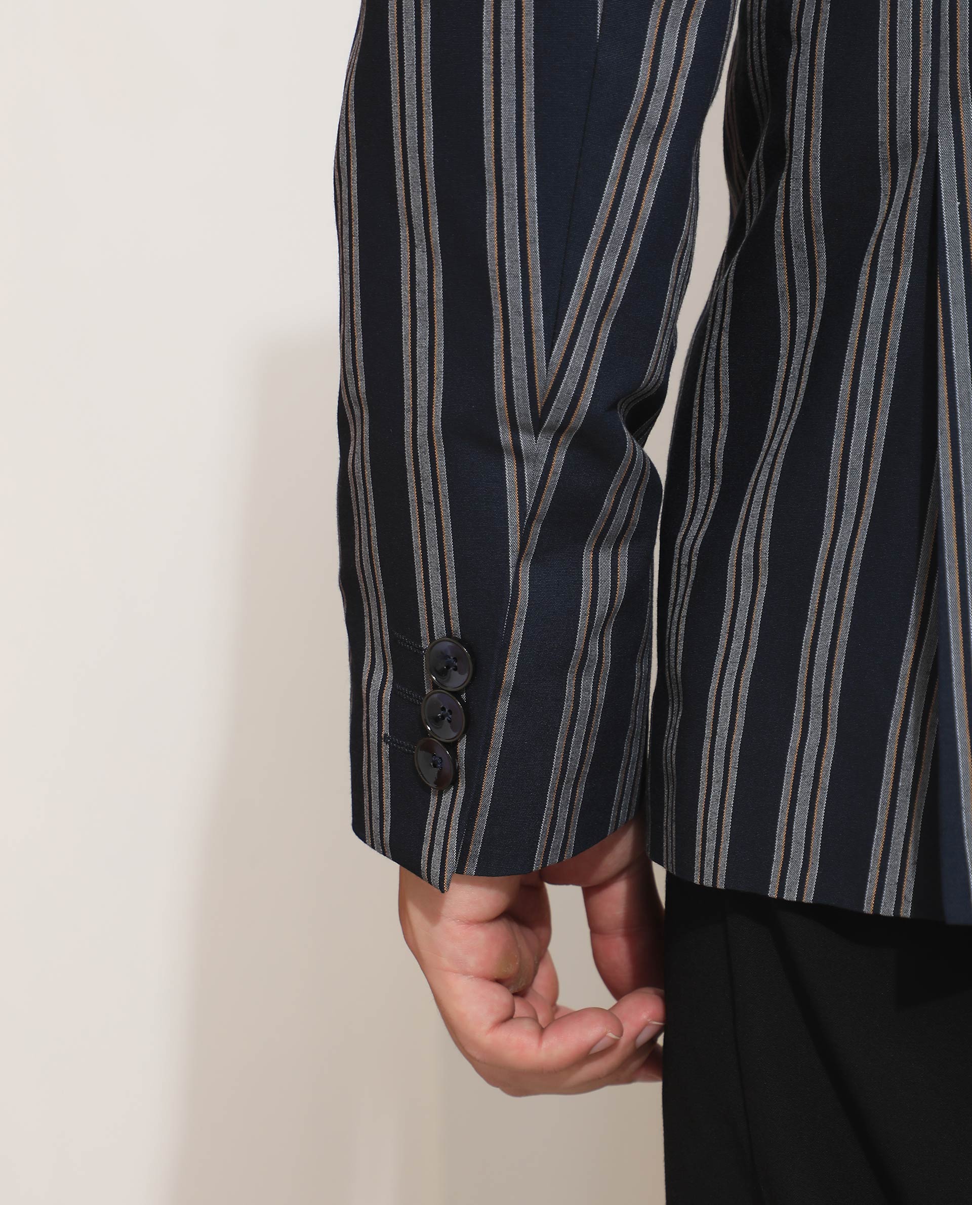 Rare Rabbit Men's Kano Navy Cotton Fabric Notch Lapel Single Breasted Tailored Fit Stripe Blazer