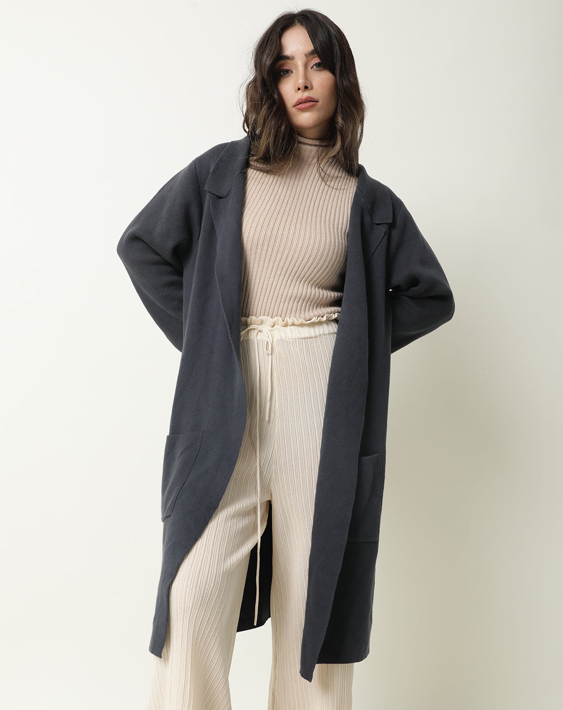 Rareism Women Trident Grey Cotton Fabric Full Sleeves Knee Length Regular Fit Solid Lapel Neck Sweater