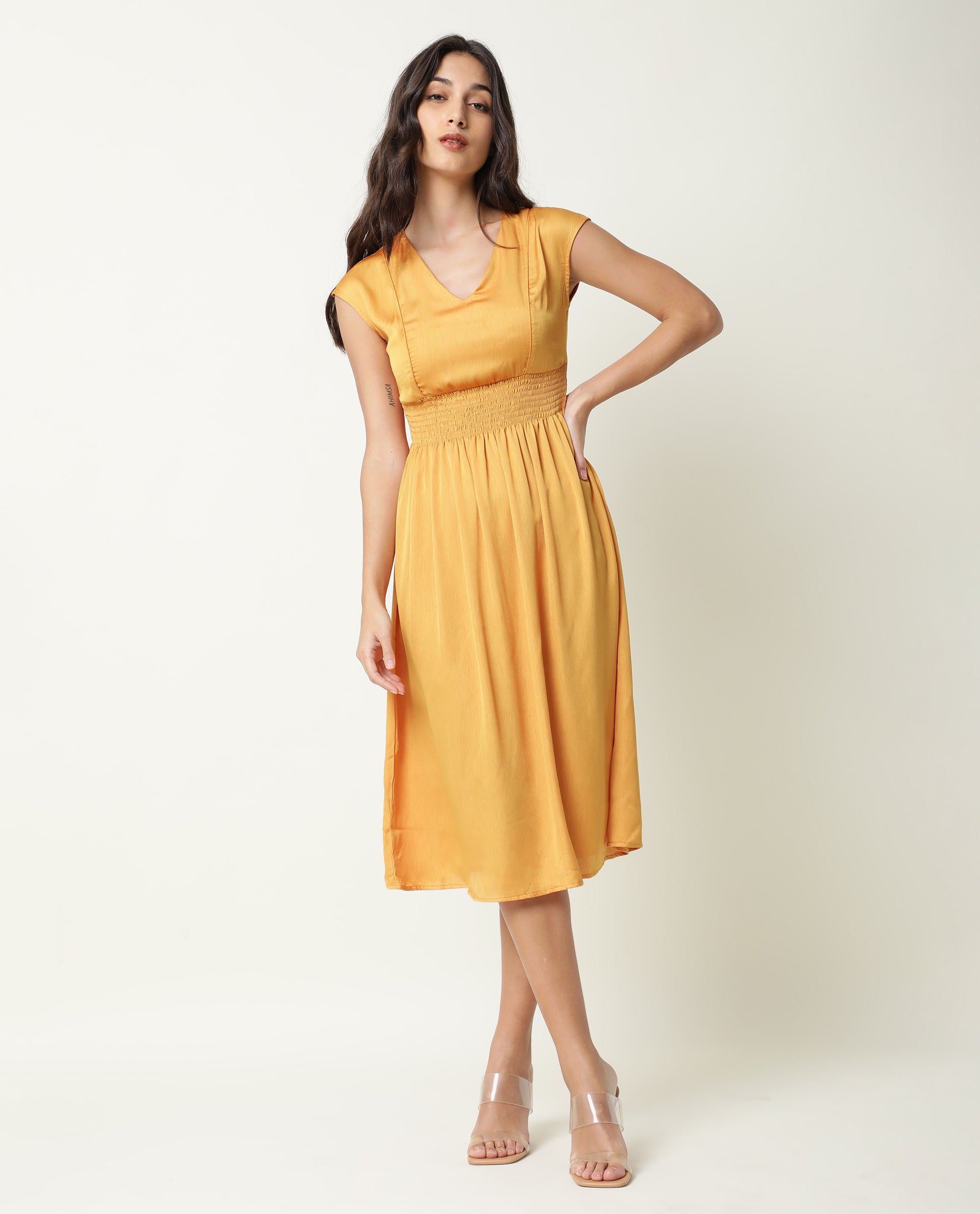 Rareism Women Milux Mustard V Neck Calf Sleeves Smocked Elastic Waist Belt Knee Length Dress