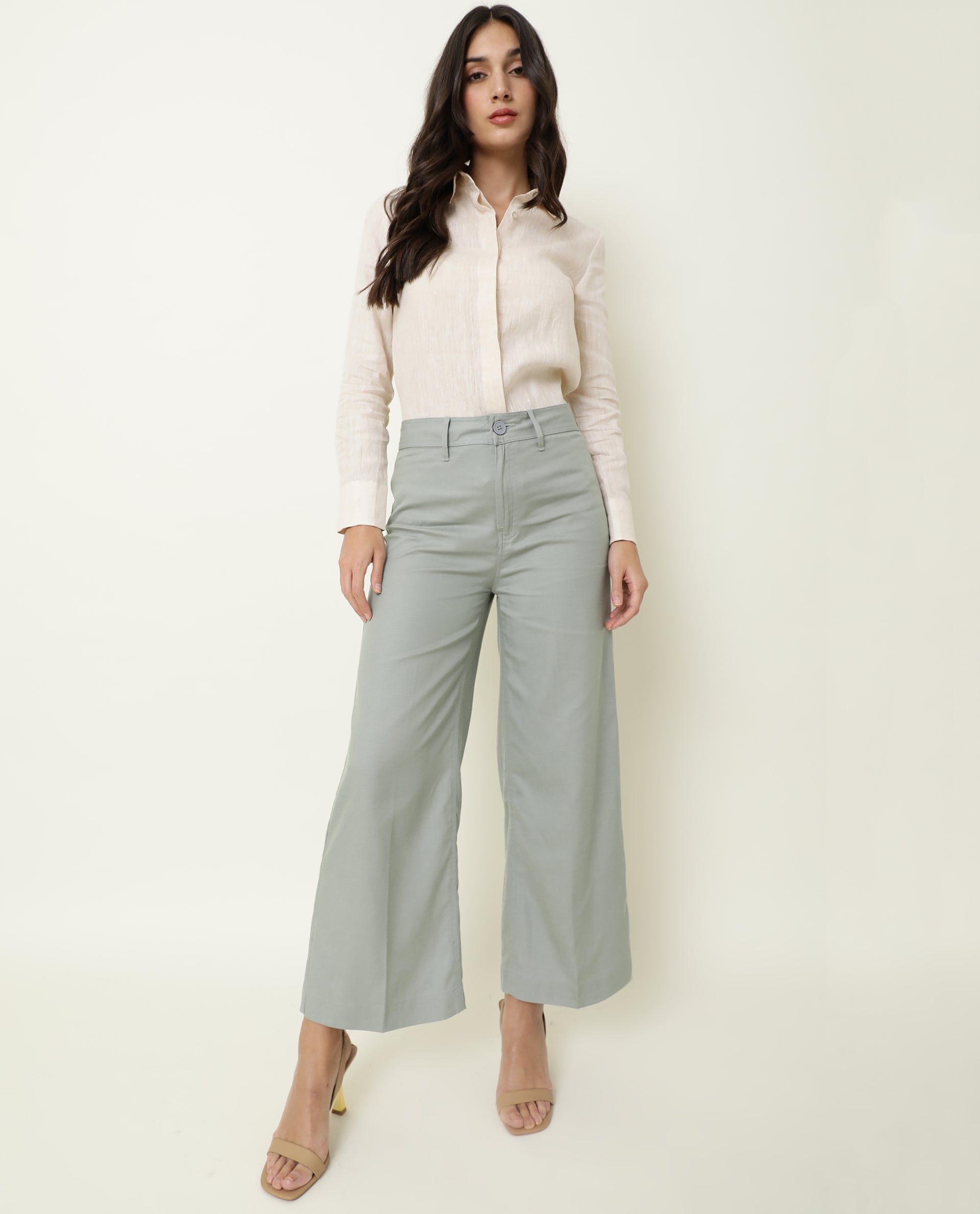 Rareism Women Micky Light Green Cotton Lyocell Fabric Tailored Fit Mid Rise Solid Ankle Length Trousers