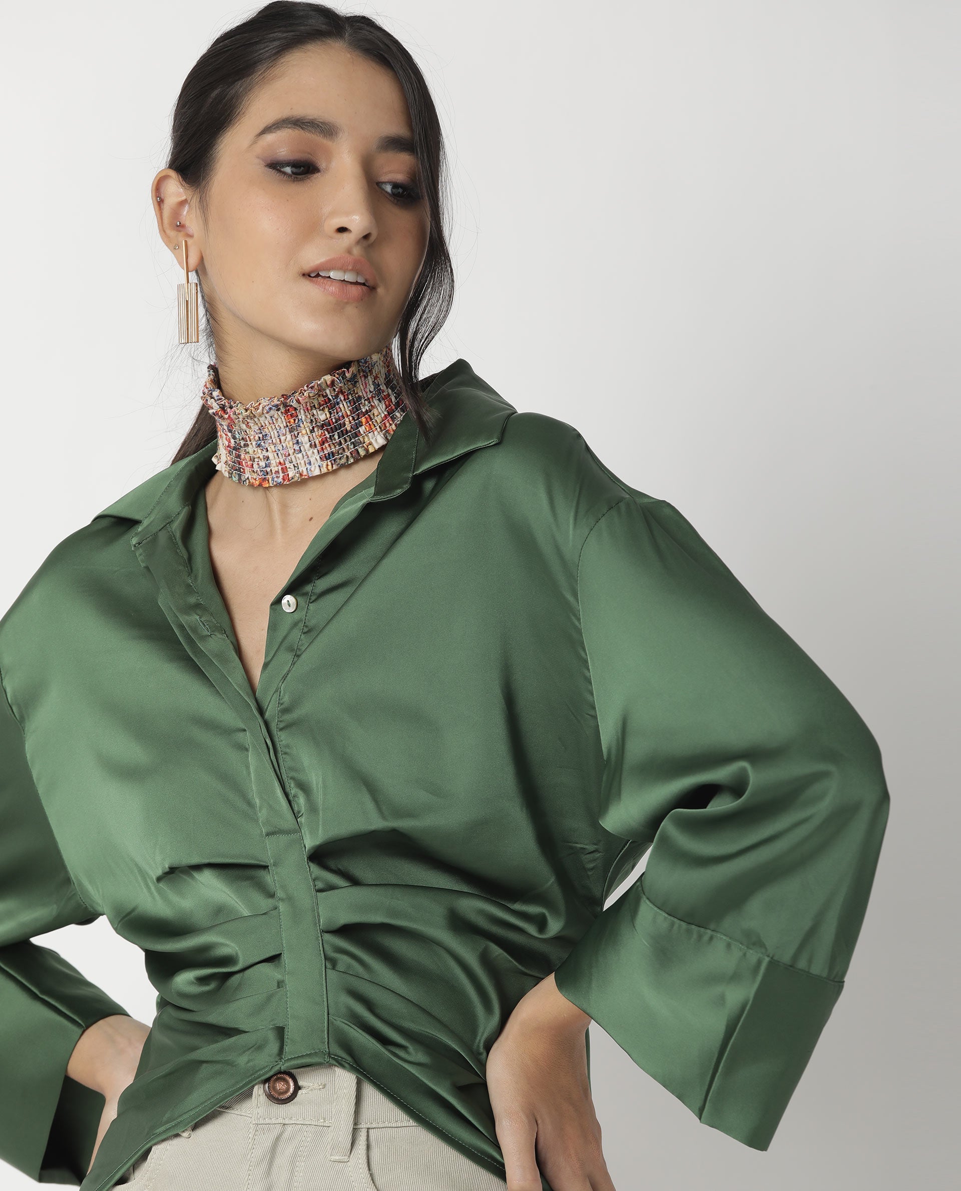 Rareism Womens Zomat Green Top Modal Fabric Regular Fit Bell Sleeves Collared Neck