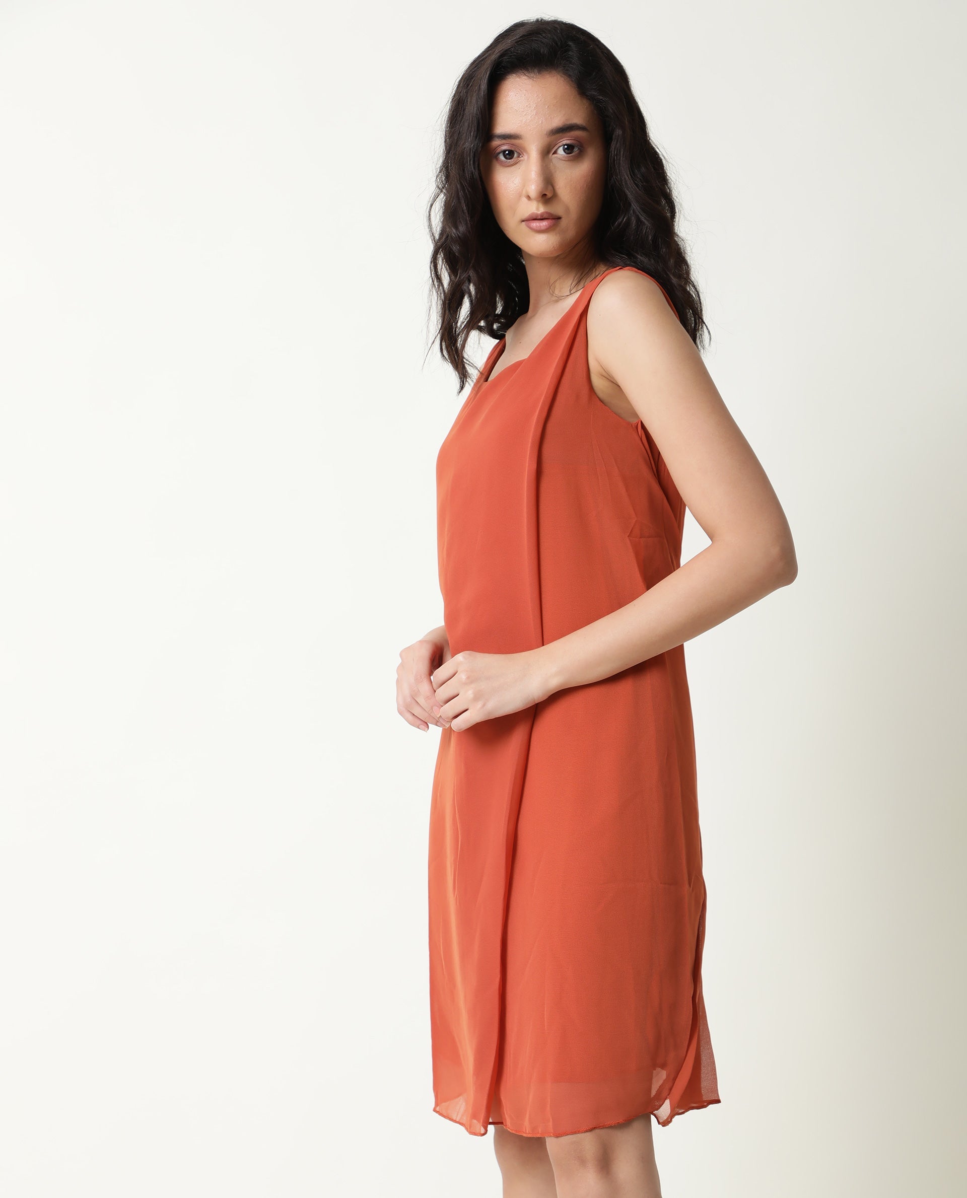 Rareism Women Saabo Dark Rust Boat Neck Sleeveless Side Zip Closure Knee Length Dress