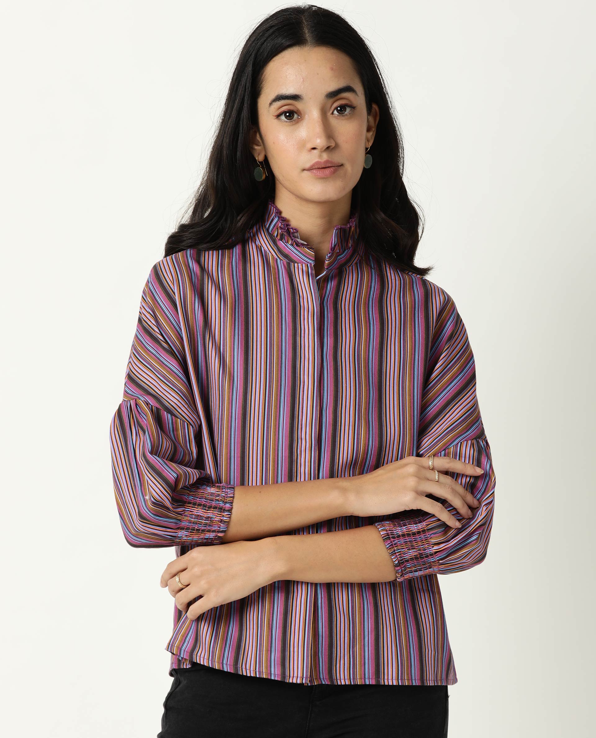 Rareism Womens Pari Multi Top Cotton Fabric Regular Fit Extended Sleeves Ruffled Neck