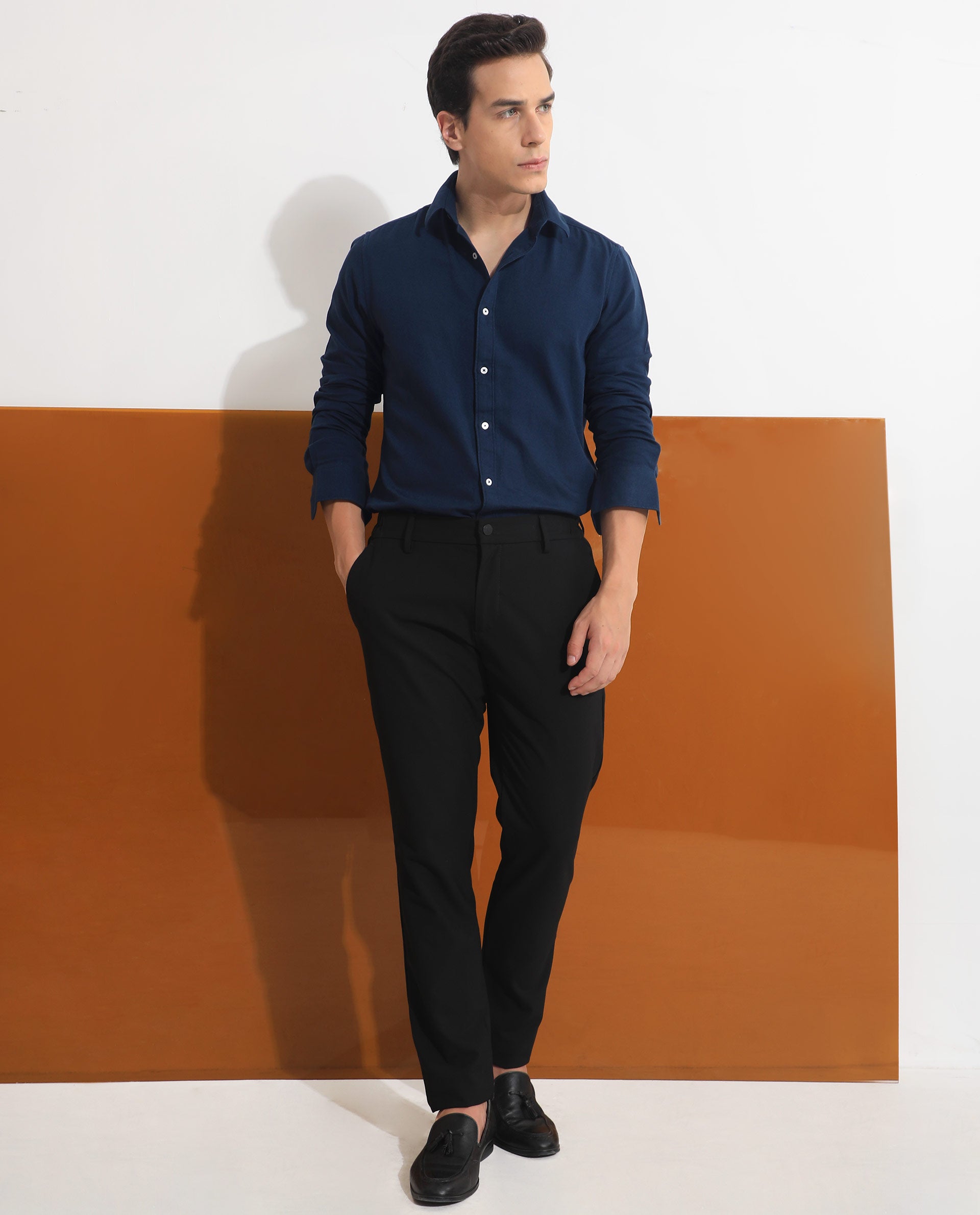 Rare Rabbit Mens Otago Navy Cotton Fabric Full Sleeves Regular Fit Solid Twill Shirt