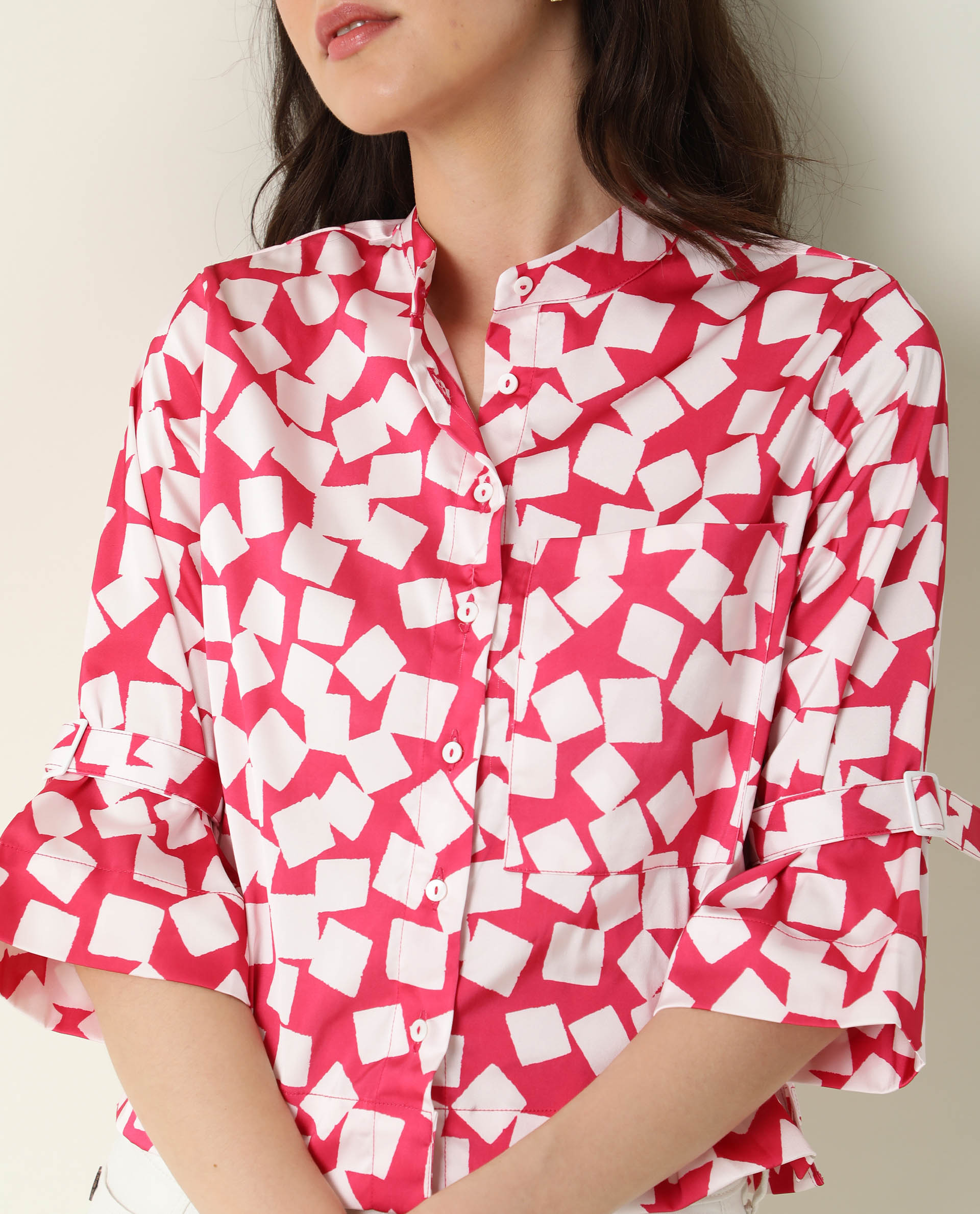 Rareism Women Seki Pink Modal Fabric Regular Sleeve High Neck Geometric Print Shirt