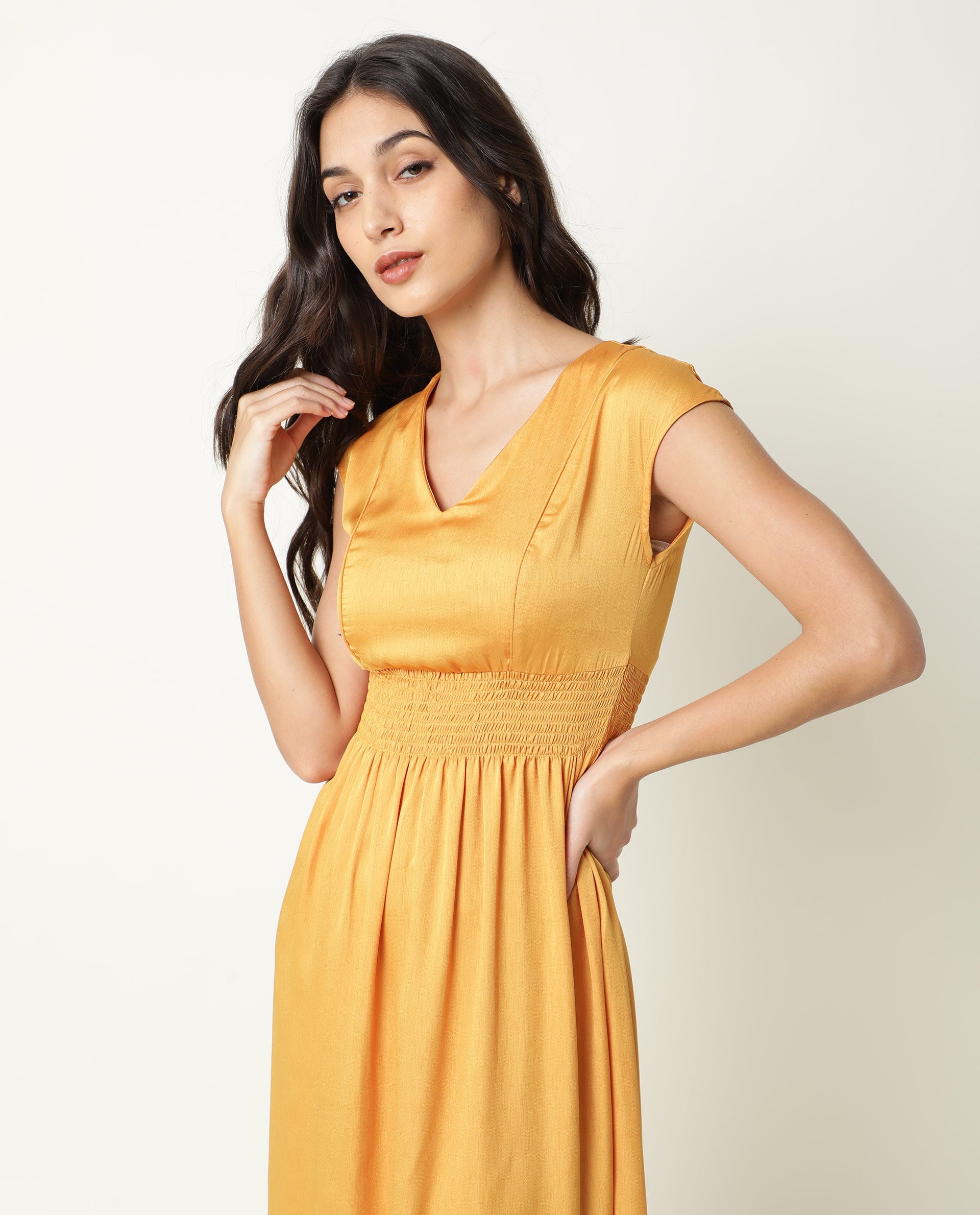 Rareism Women Milux Mustard V Neck Calf Sleeves Smocked Elastic Waist Belt Knee Length Dress