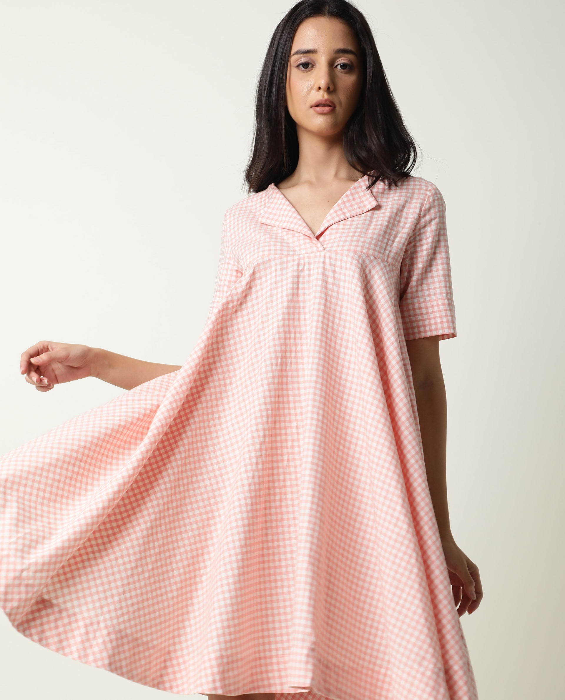 Rareism Women Paris Yellow Gingham Checks Overlap Lapel Collar Half Sleeves Mini Dress