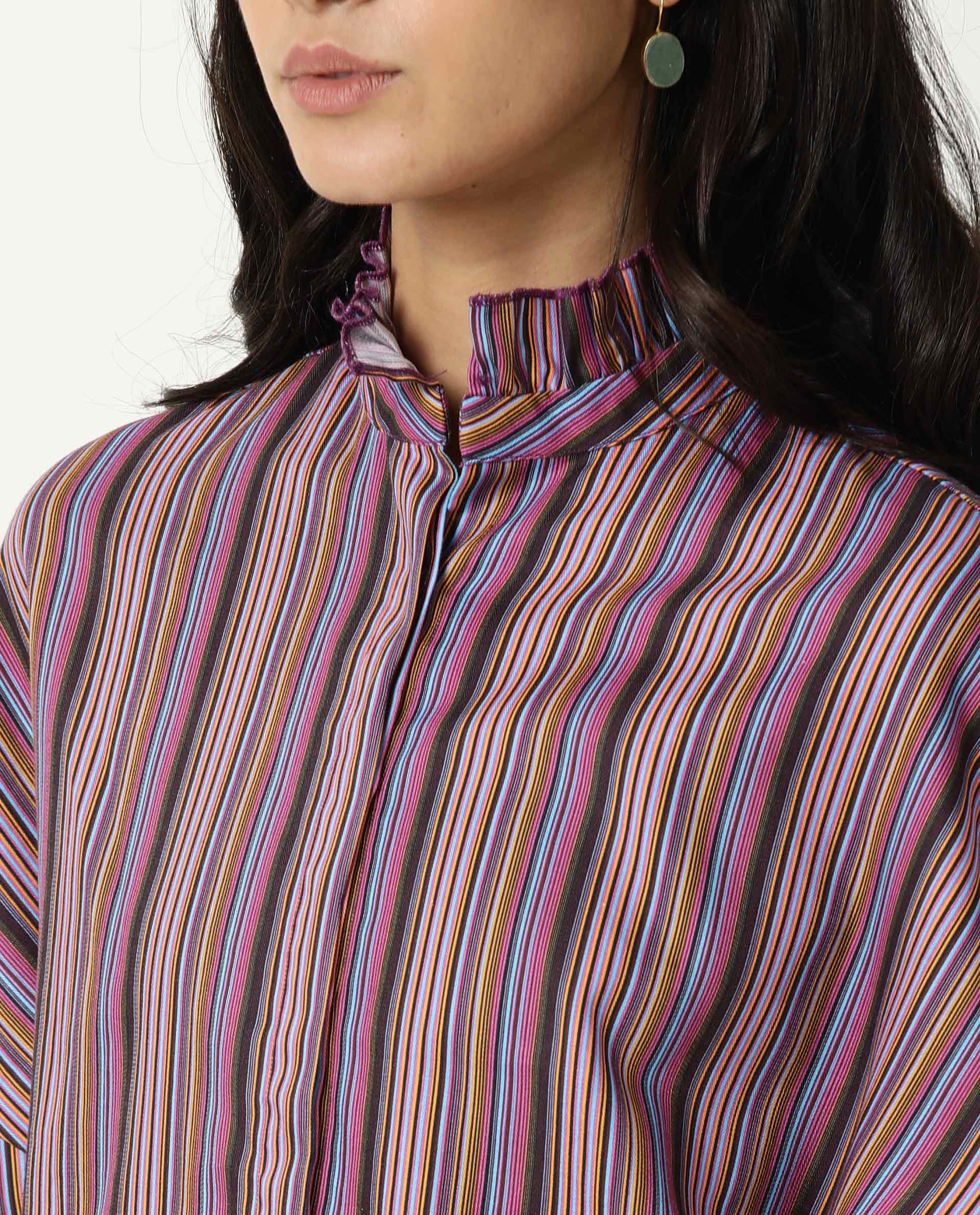 Rareism Womens Pari Multi Top Cotton Fabric Regular Fit Extended Sleeves Ruffled Neck