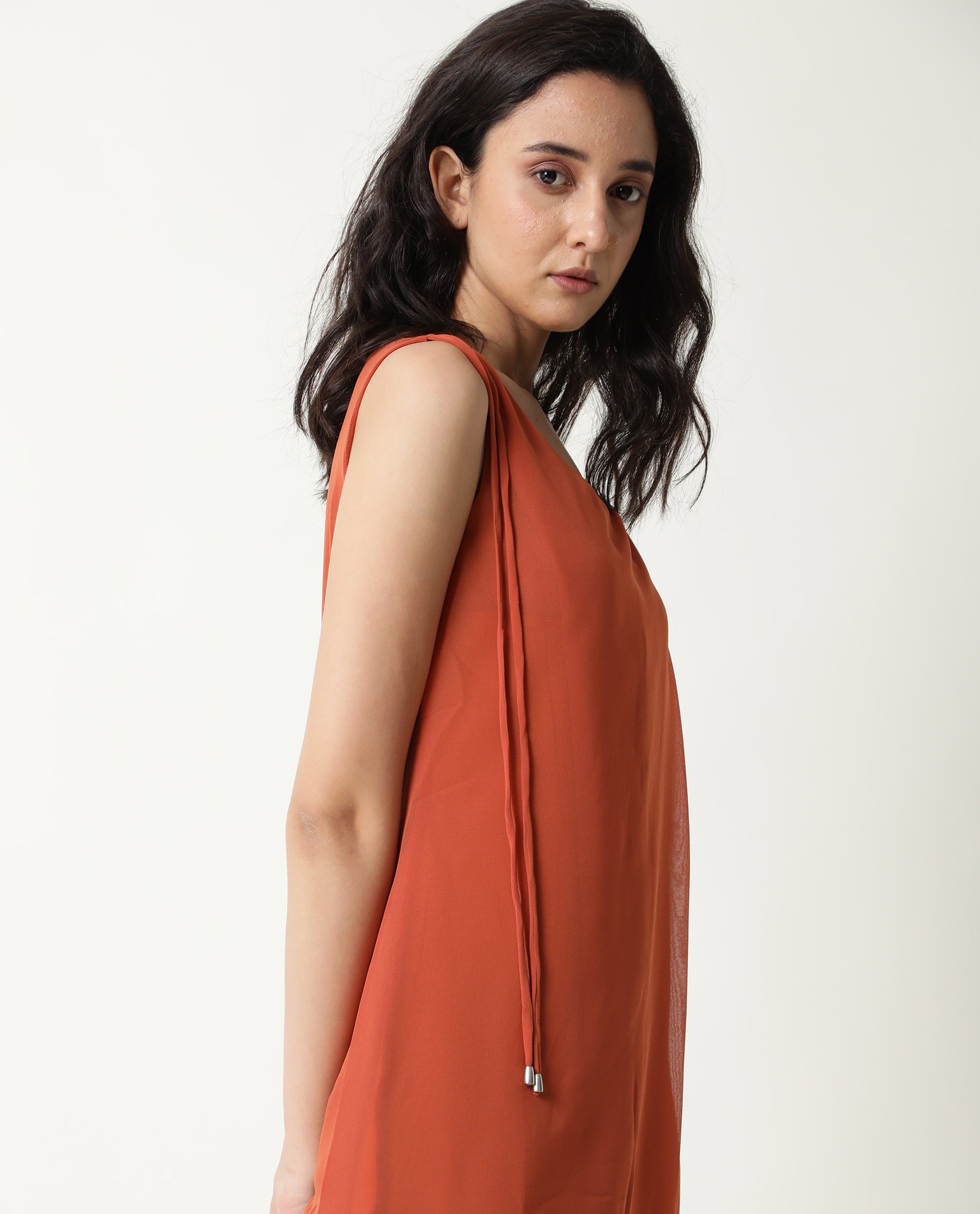 Rareism Women Saabo Dark Rust Boat Neck Sleeveless Side Zip Closure Knee Length Dress