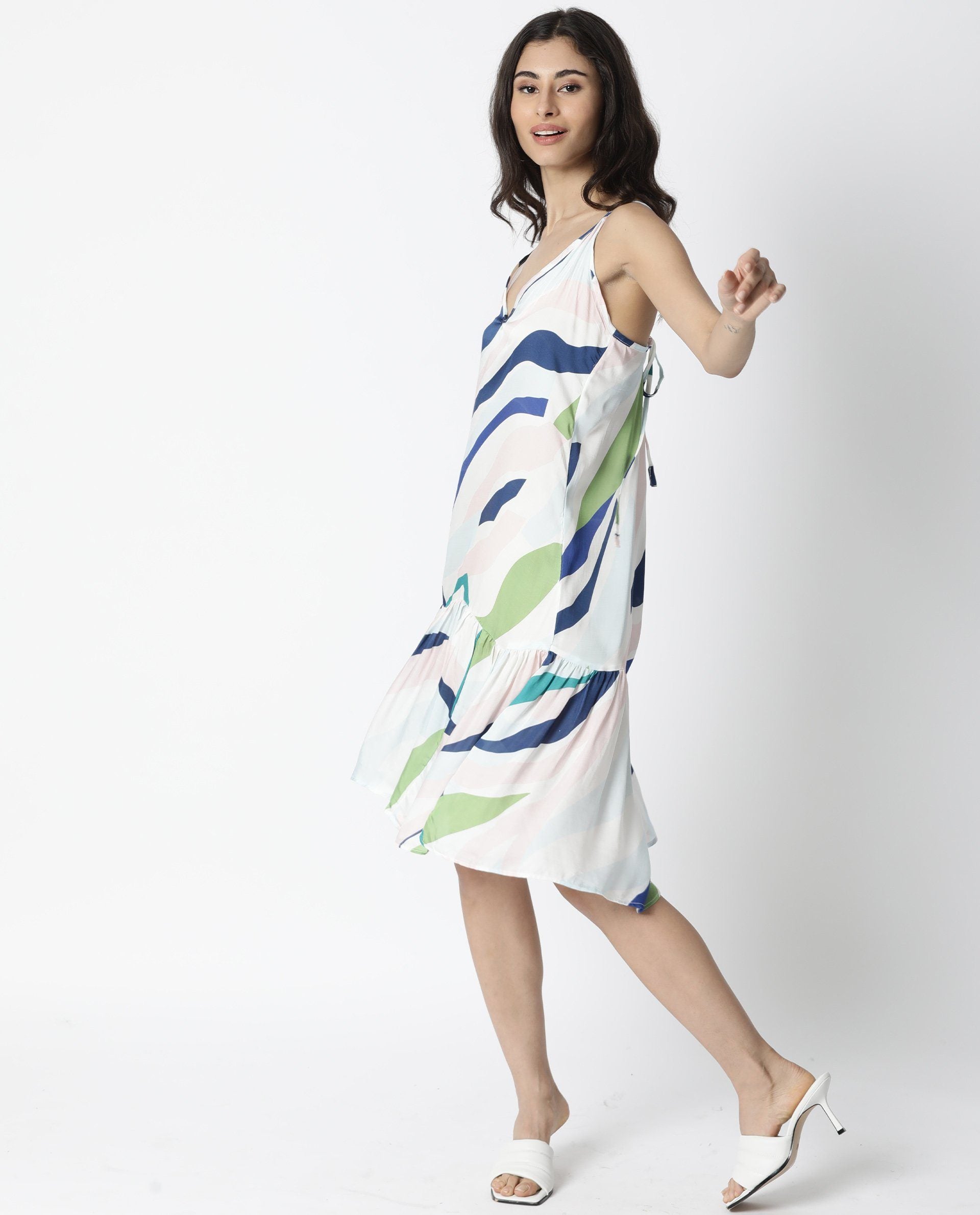 Rareism Womens Alan Off White Knee Length Dress Printed Modal Fabric Sleeveless