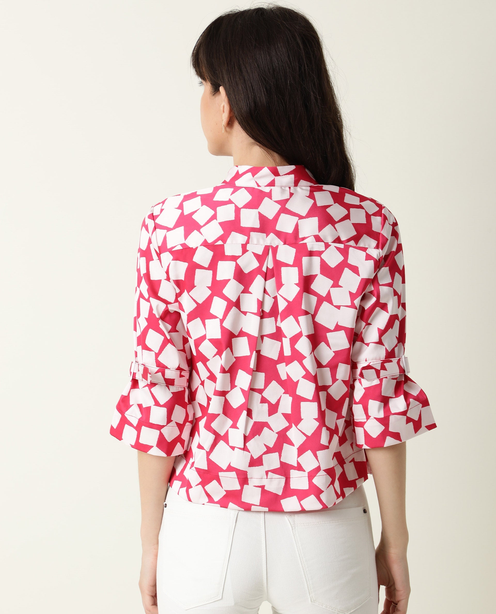 Rareism Women Seki Pink Modal Fabric Regular Sleeve High Neck Geometric Print Shirt