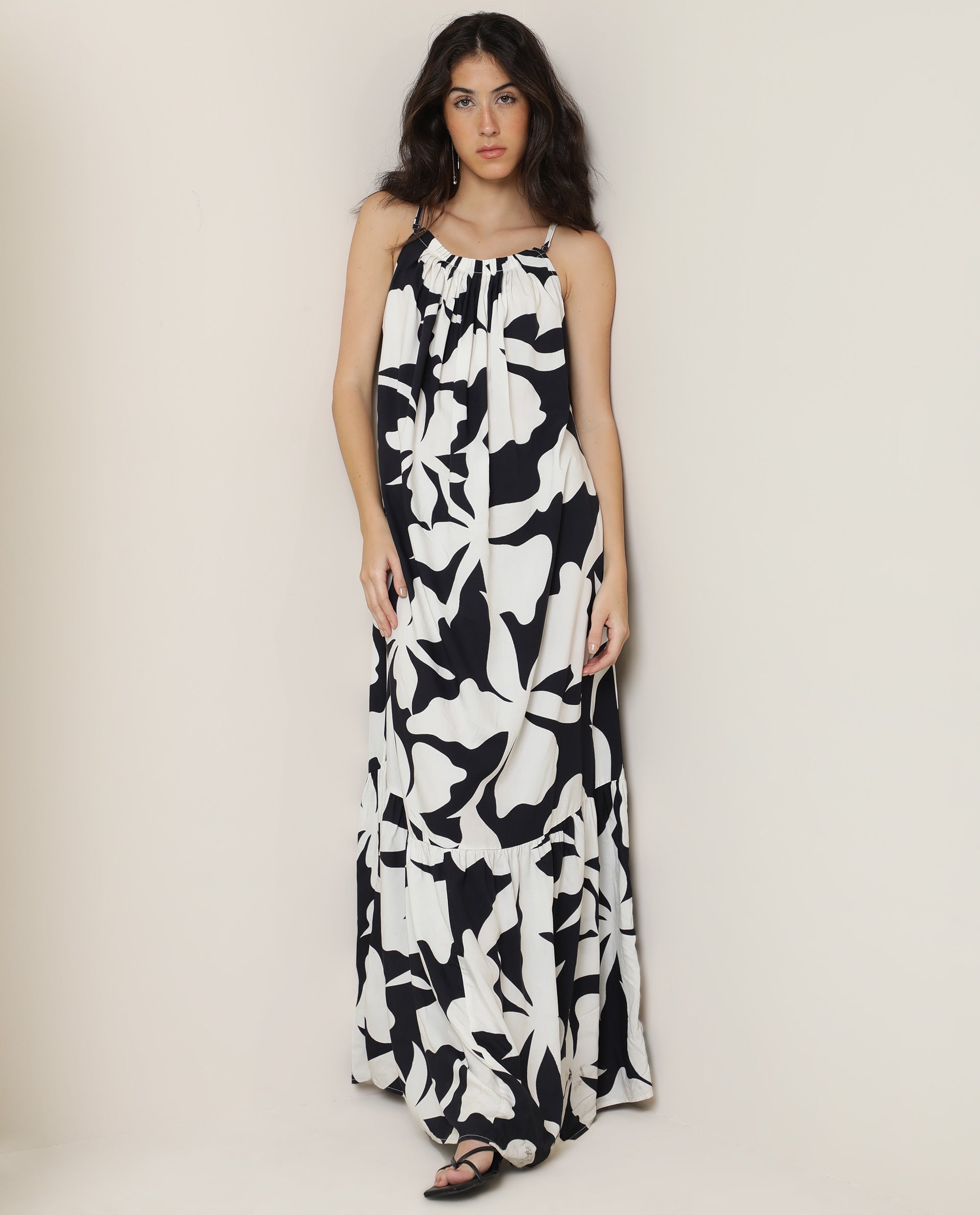 Rareism Women Zahara Black Viscose Fabric Sleeveless Shoulder Straps Regular Fit Floral Print Knee Length Tiered Dress