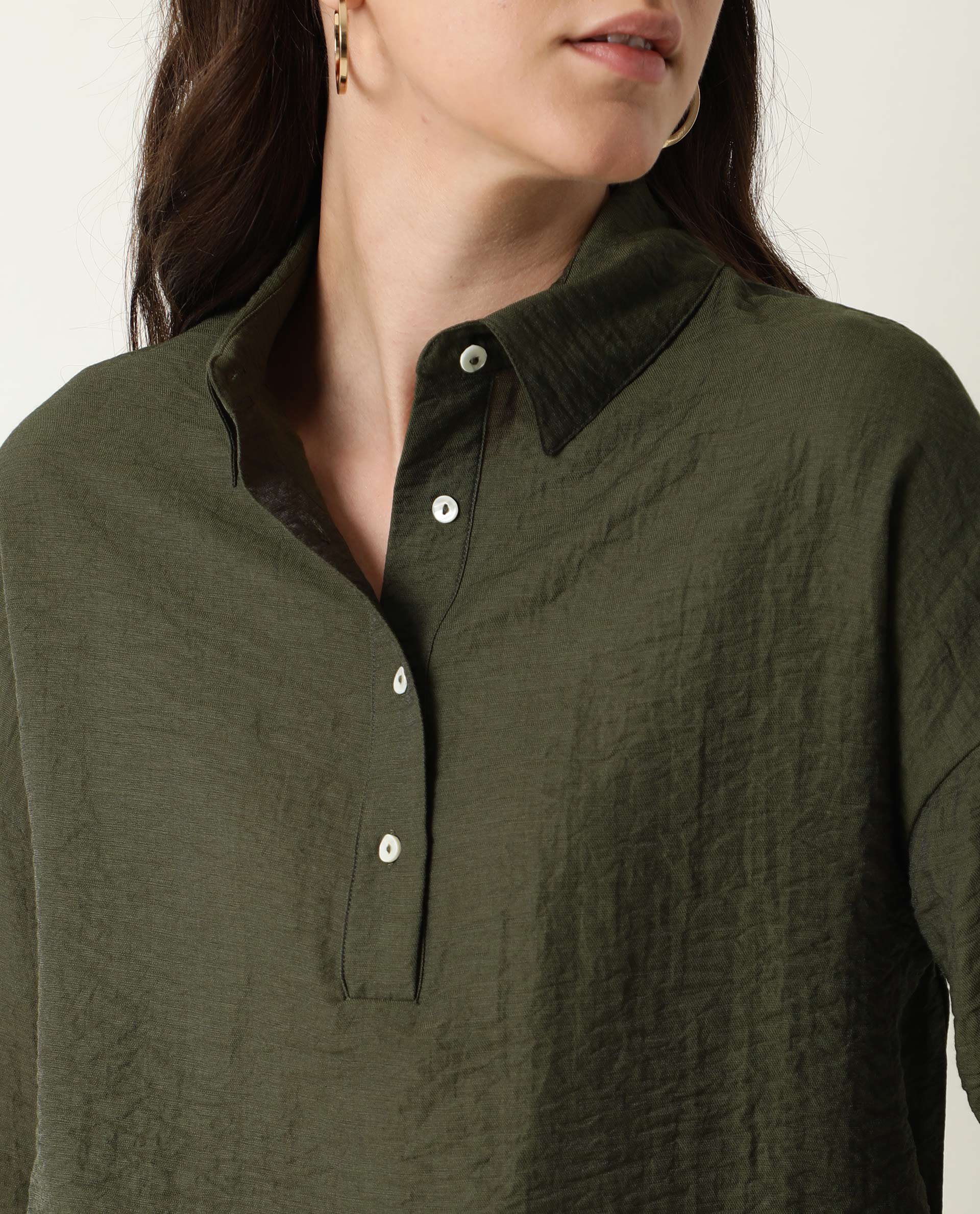 Rareism Women Velyn Dark Green Polyester Fabric Relaxed Fit Collared Neck Full Sleeves Textured Top