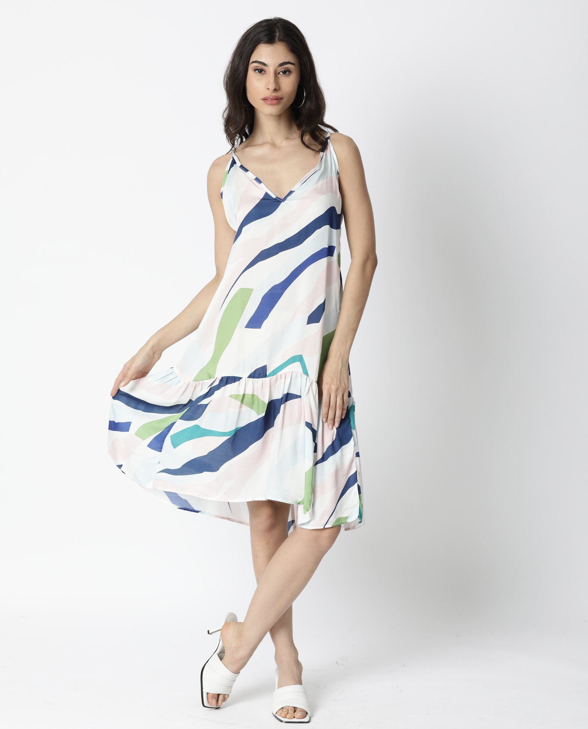 Rareism Womens Alan Off White Knee Length Dress Printed Modal Fabric Sleeveless