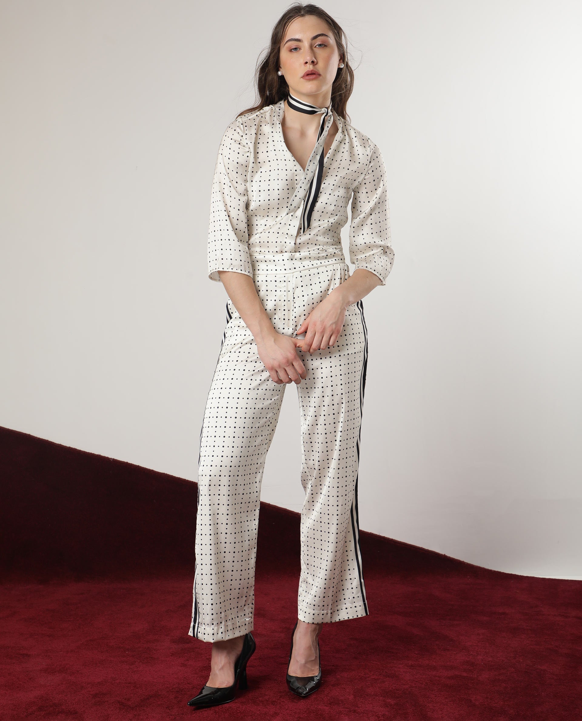 Rareism Women Zanax Beige Polyester Fabric Regular Fit Mandarin Collar 3/4Th Sleeves Polka Top