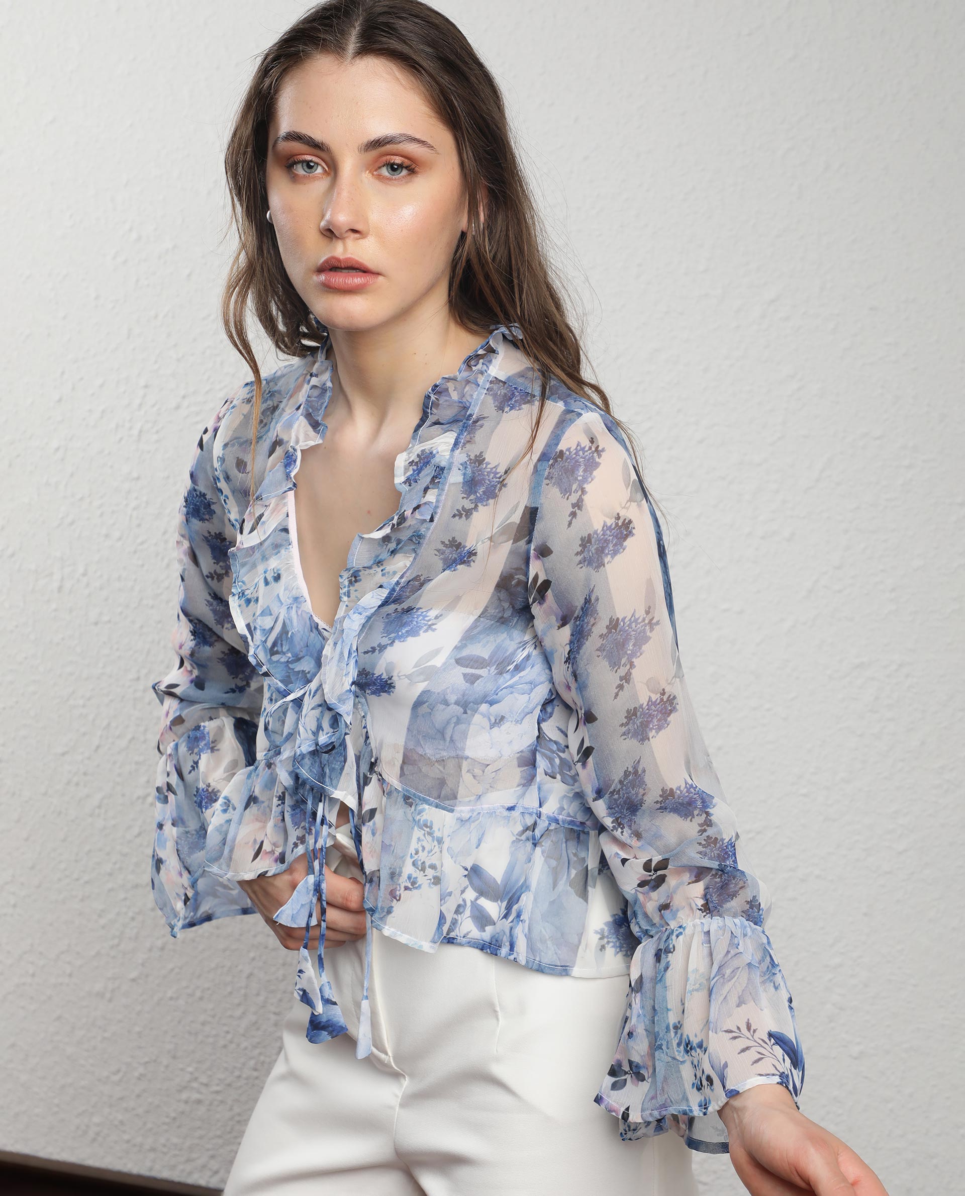 Rareism Women Julieta Light Blue Polyester Fabric Full Sleeves Drawstring Closure V-Neck Bell Sleeve Regular Fit Abstract Print Shrug