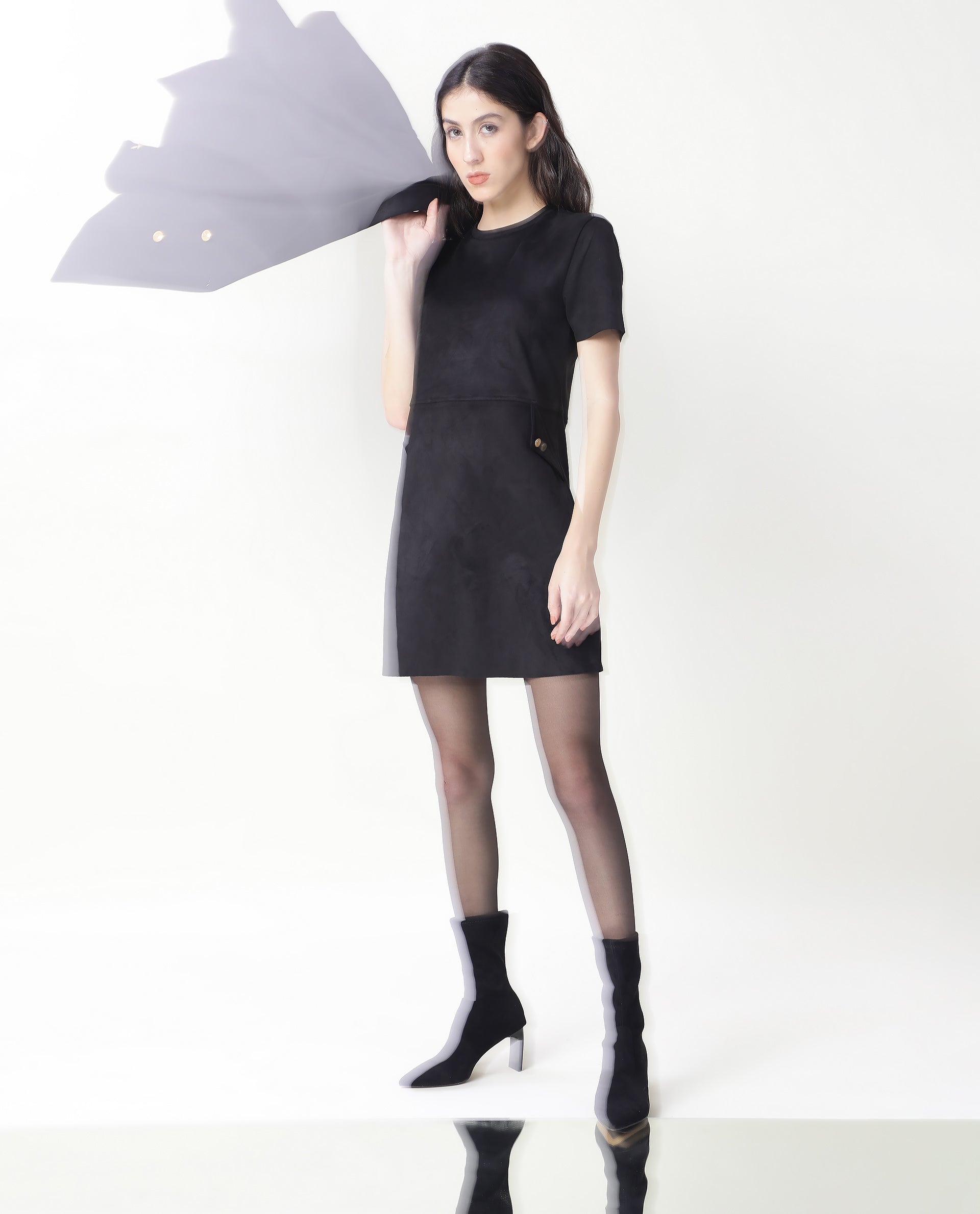 Rareism Women Sions Black Round Neck Short Sleeves Mini Dress