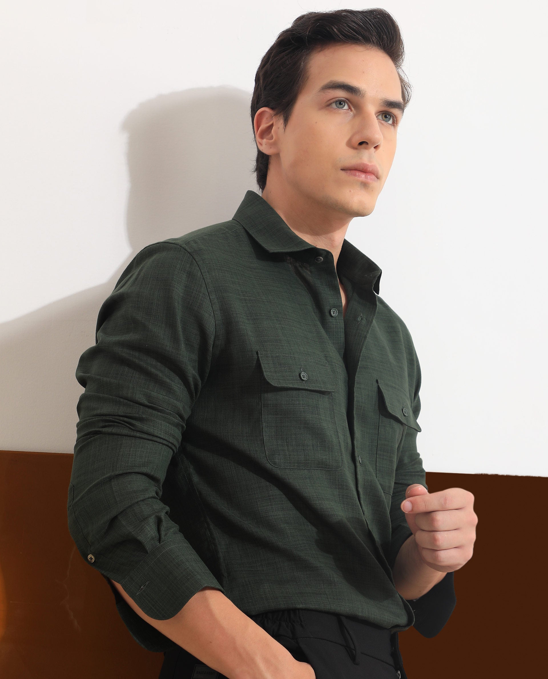 Rare Rabbit Men's Safa Olive Cotton Lyocell Fabric Full Sleeves Solid Shirt