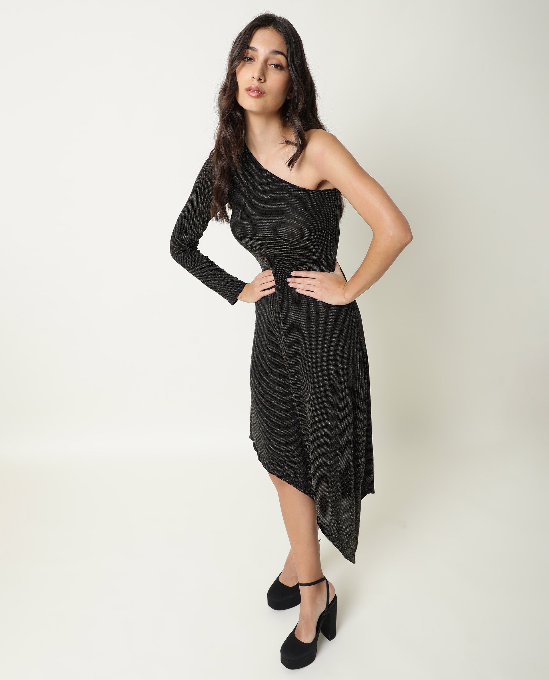 Rareism Women Lelani Black One Shoulder Full Sleeve Asymmetric Knee Length Dress