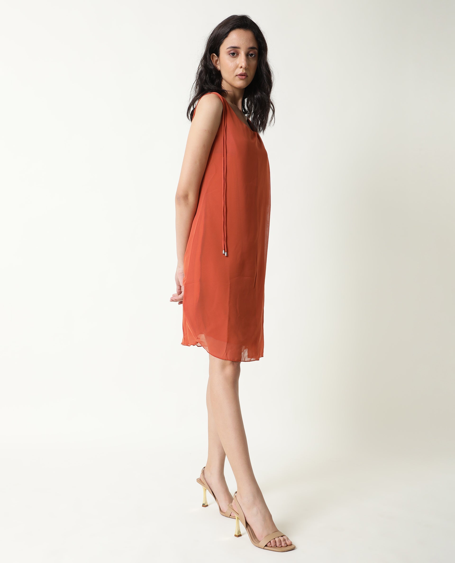Rareism Women Saabo Dark Rust Boat Neck Sleeveless Side Zip Closure Knee Length Dress