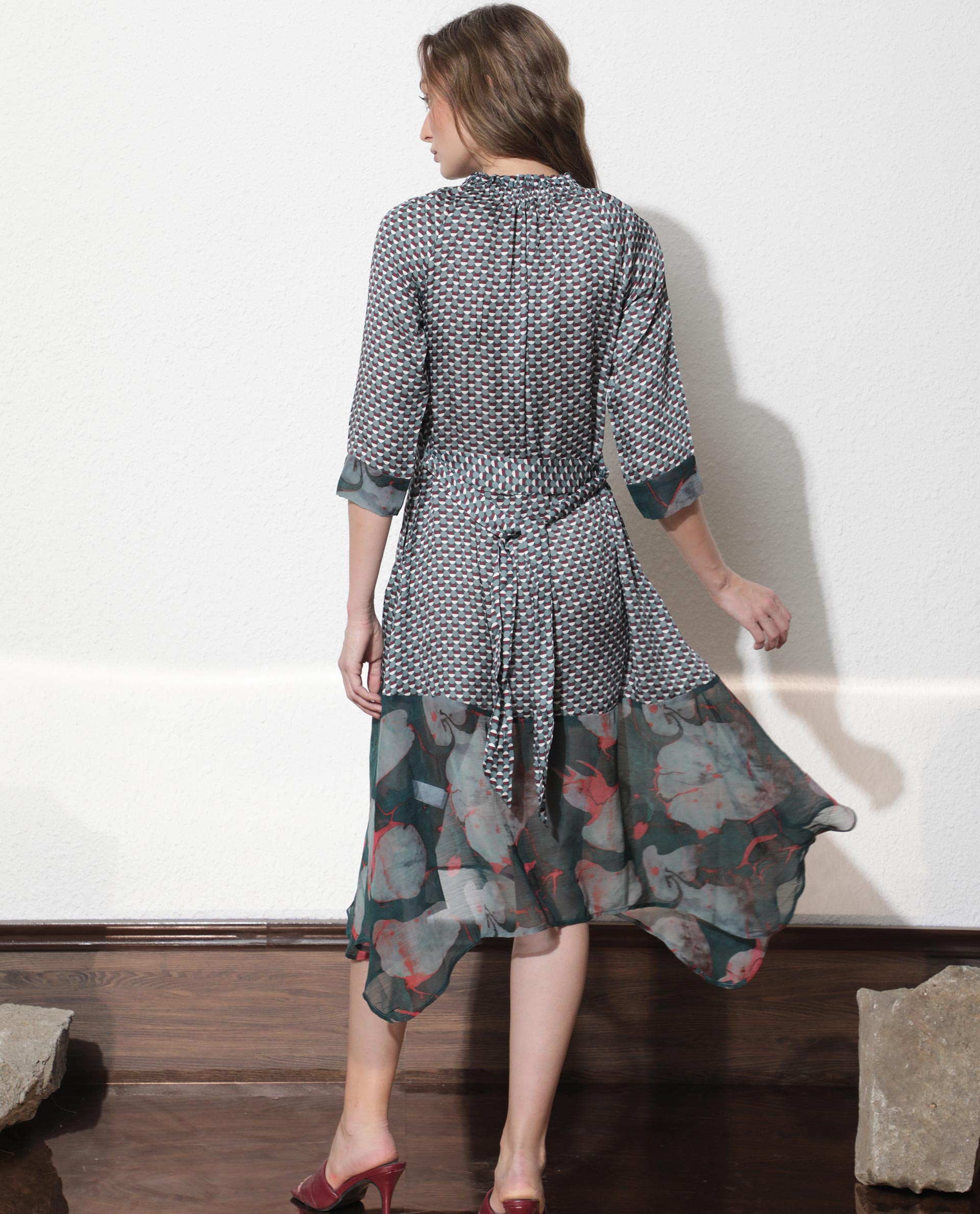 Rareism Women Nadia Multi Shirt Collar Half Sleeves Front Button Placket And Tie Up Midi Dress
